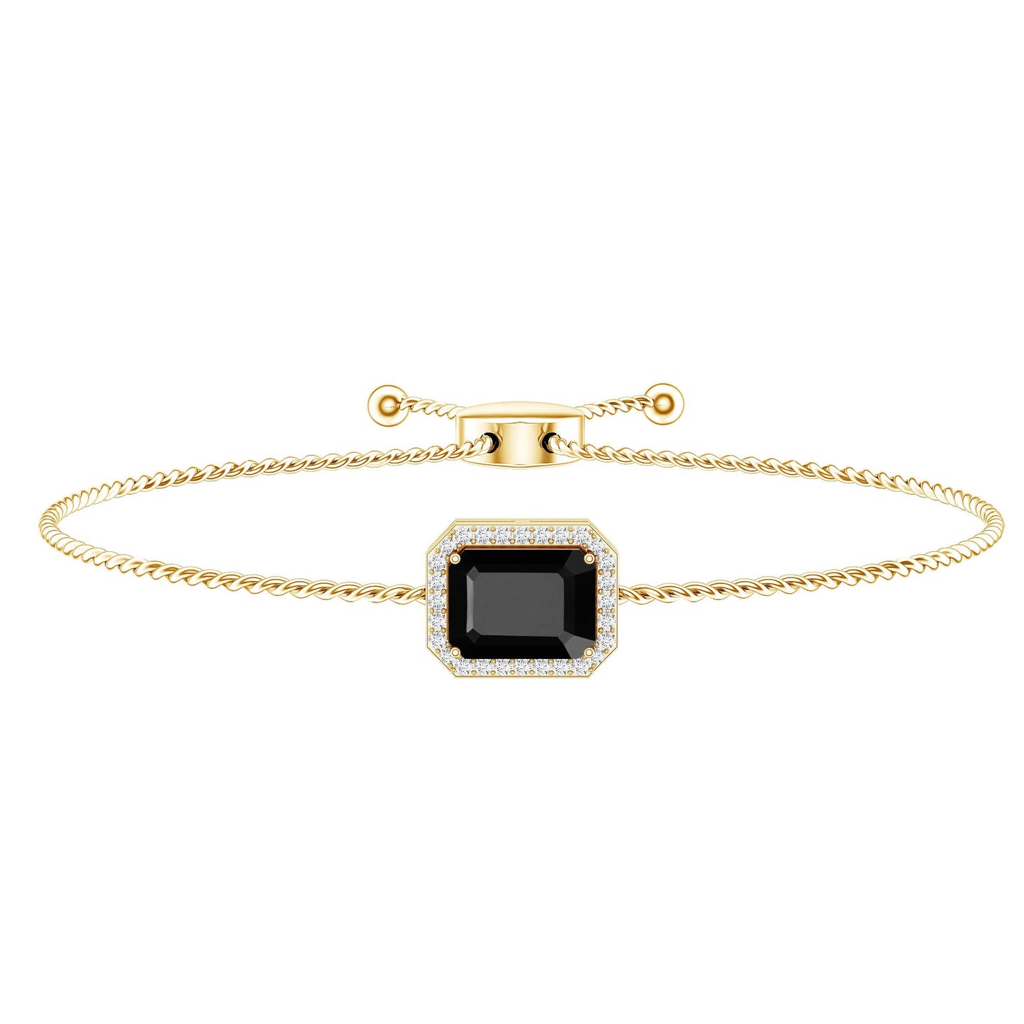 Natural 1.8 Carat Emerald Cut Black Onyx Bolo Bracelet with Diamond Halo