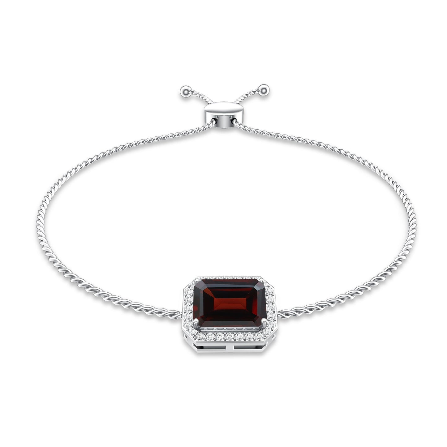 Real 2 Carat Emerald Cut Garnet Bolo Bracelet with Diamond Halo