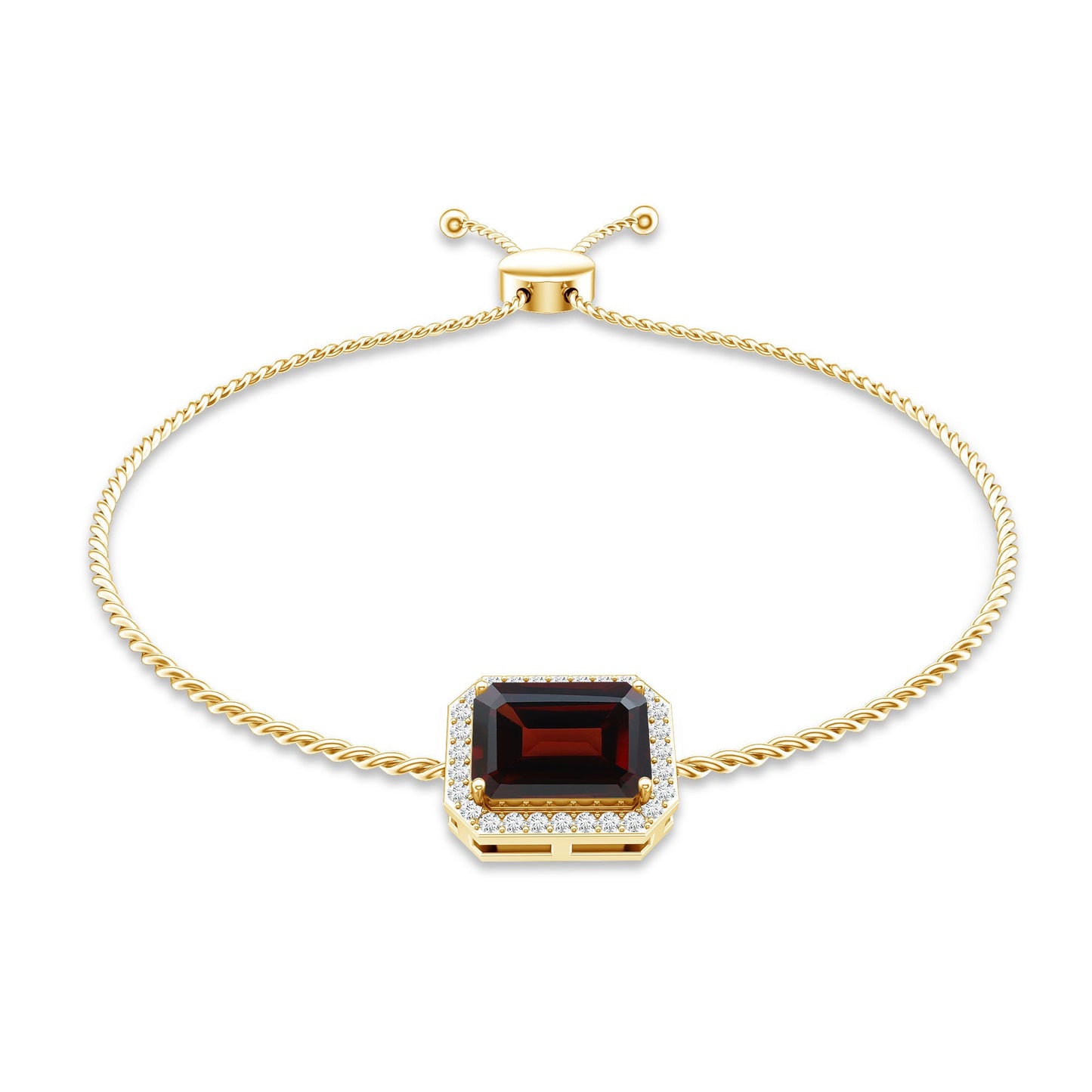 Real 2 Carat Emerald Cut Garnet Bolo Bracelet with Diamond Halo