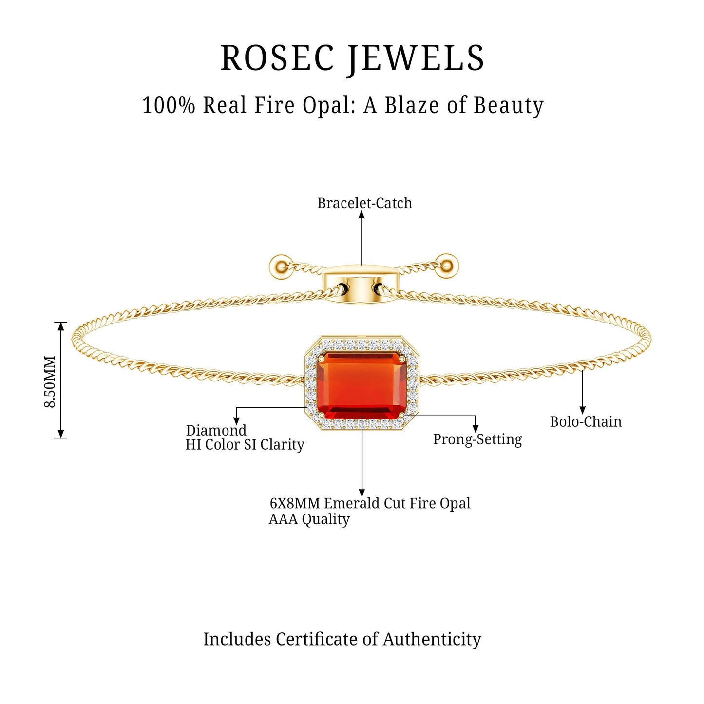 Real 1 Carat Emerald Cut Fire Opal Bolo Bracelet with Diamond Halo