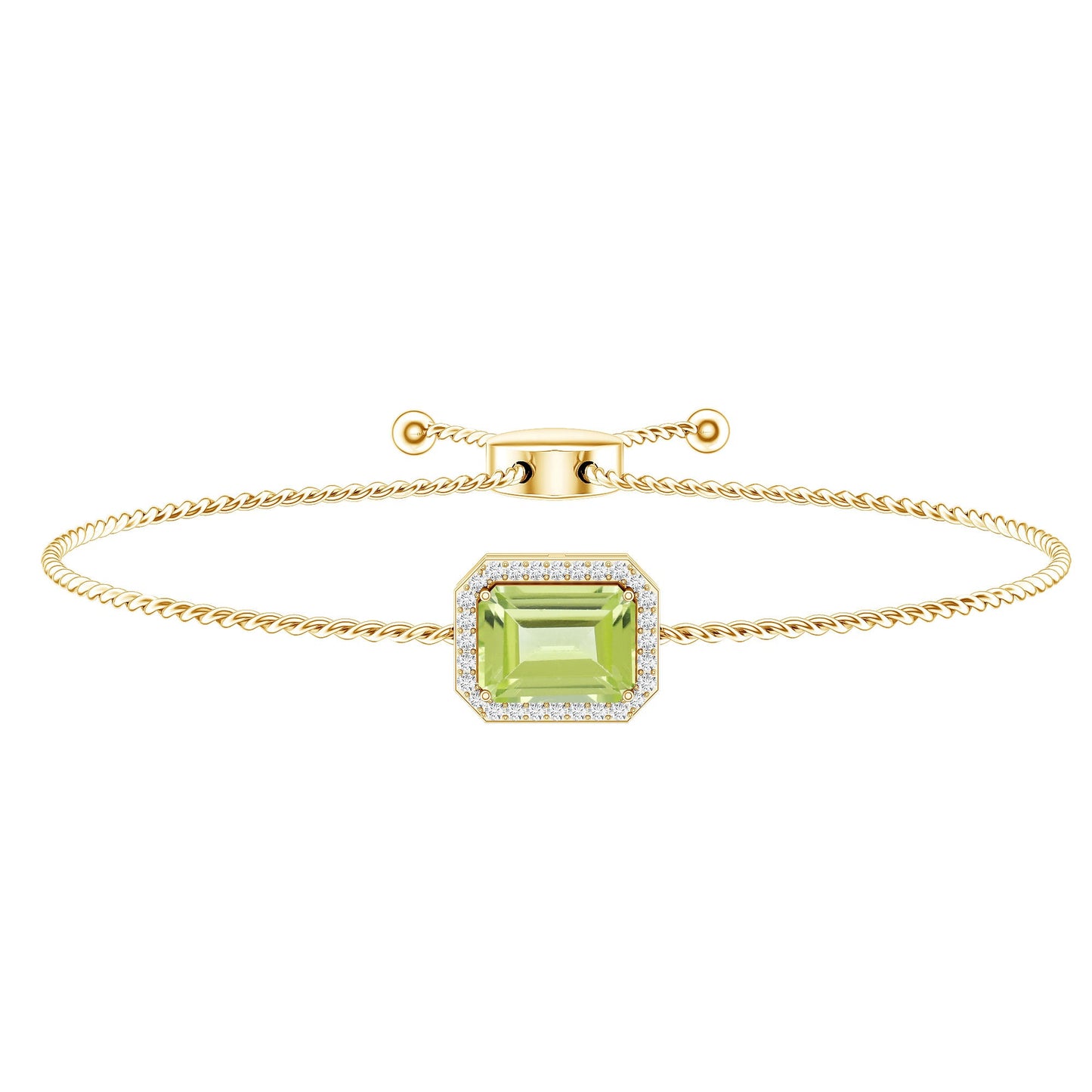 1.8 Carat Emerald Cut Peridot and Diamond Bolo Chain Bracelet