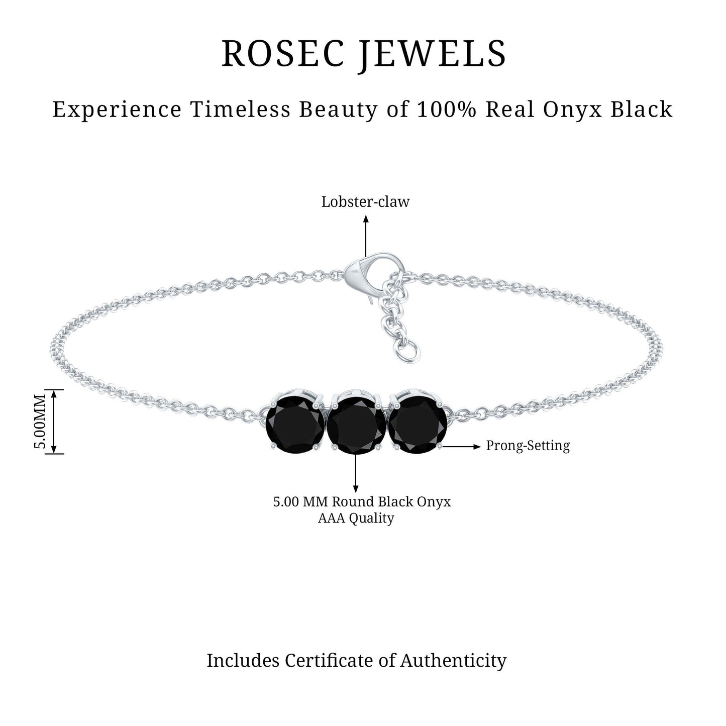 Black Onyx Three Stone Chain Bracelet with Certificate