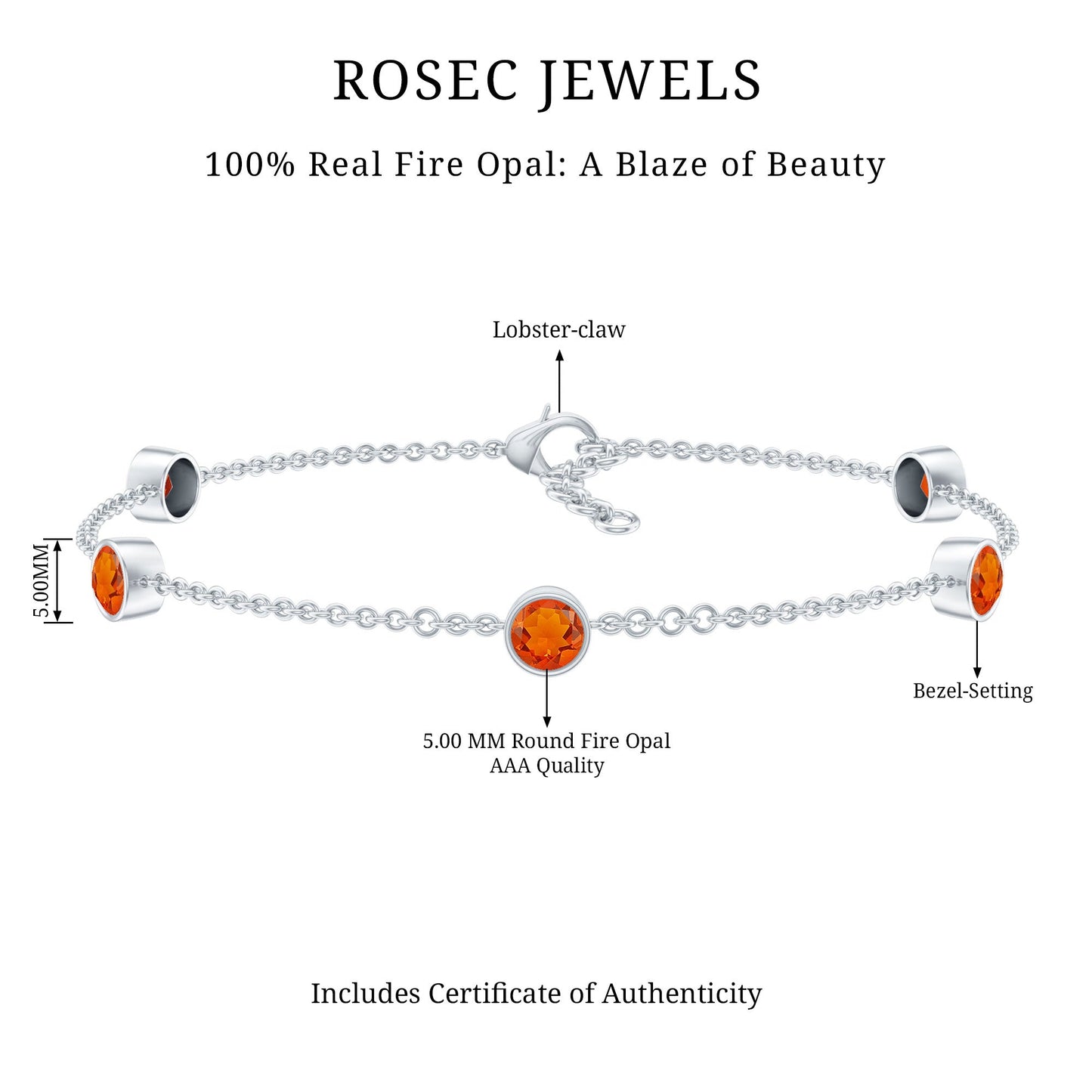 Real Fire Opal Five Stone Station Chain Bracelet in Bezel Setting