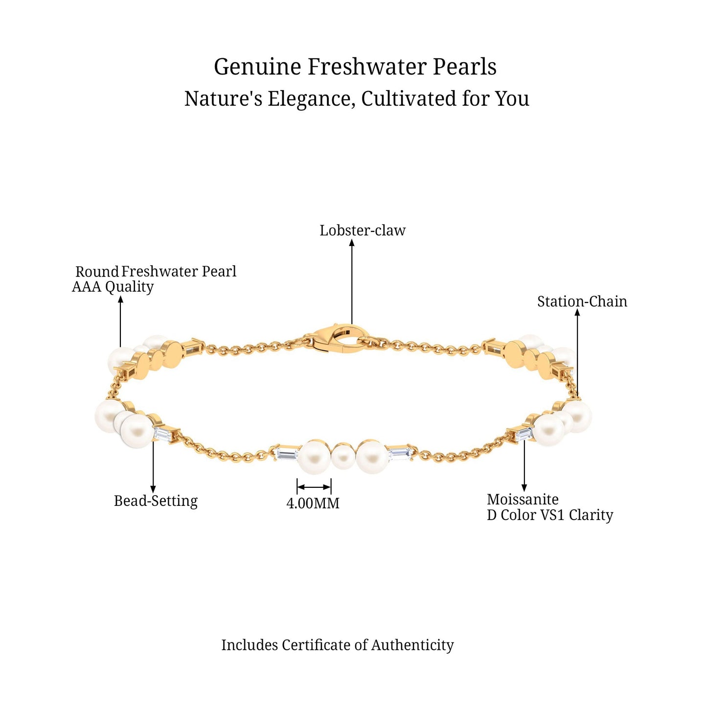 Certified Freshwater Pearl Station Bracelet with Moissanite