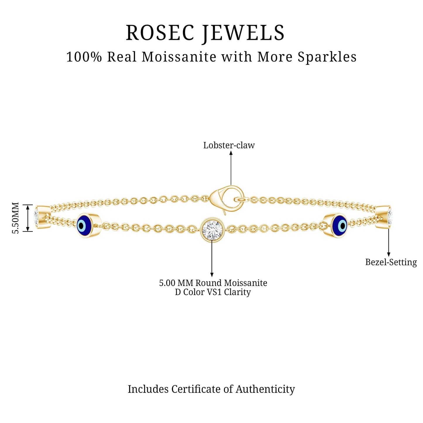Certified Moissanite and Evil Eye Station Chain Bracelet