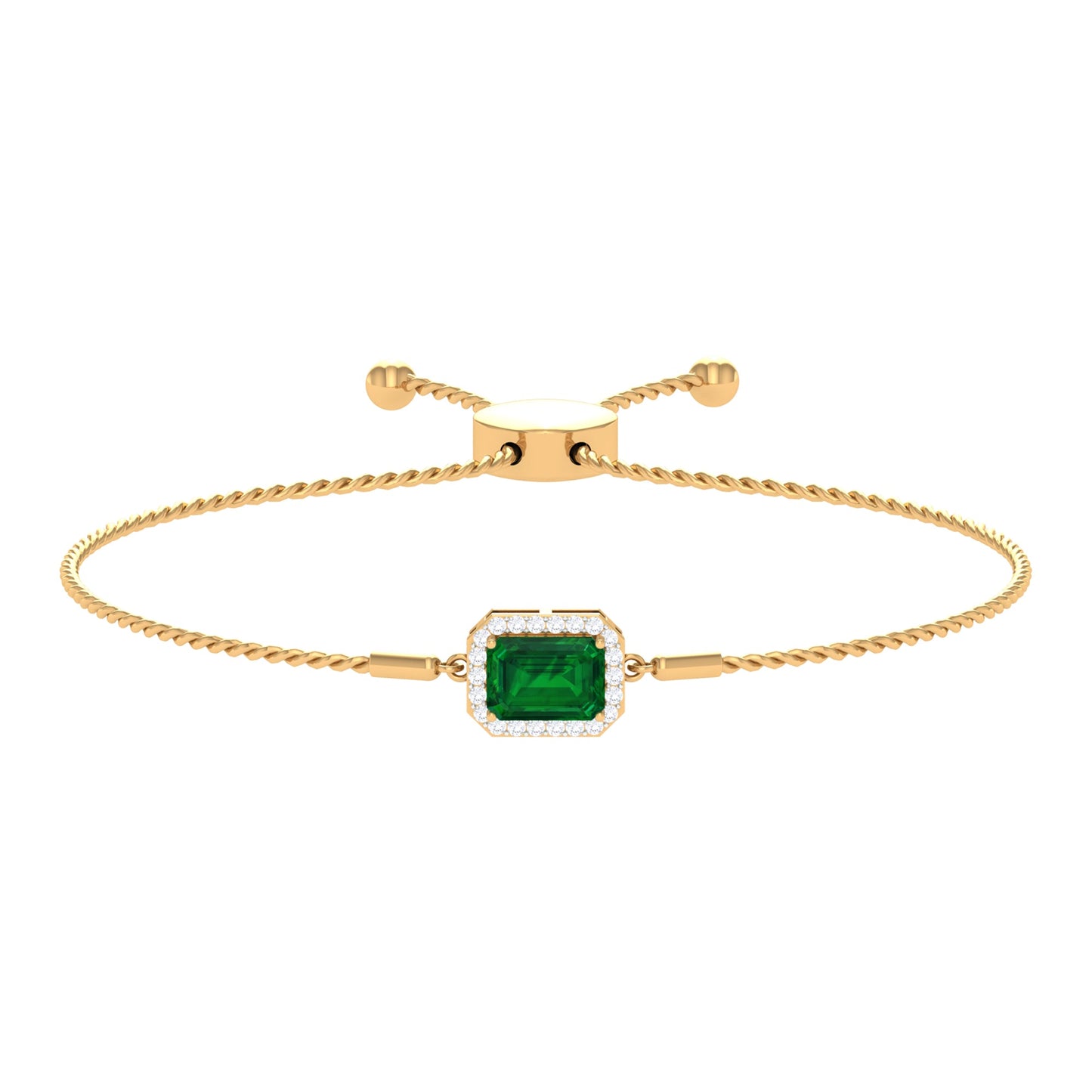 1.6 Carat Emerald Cut Lab Created Emerald Bolo Bracelet with Diamond Halo
