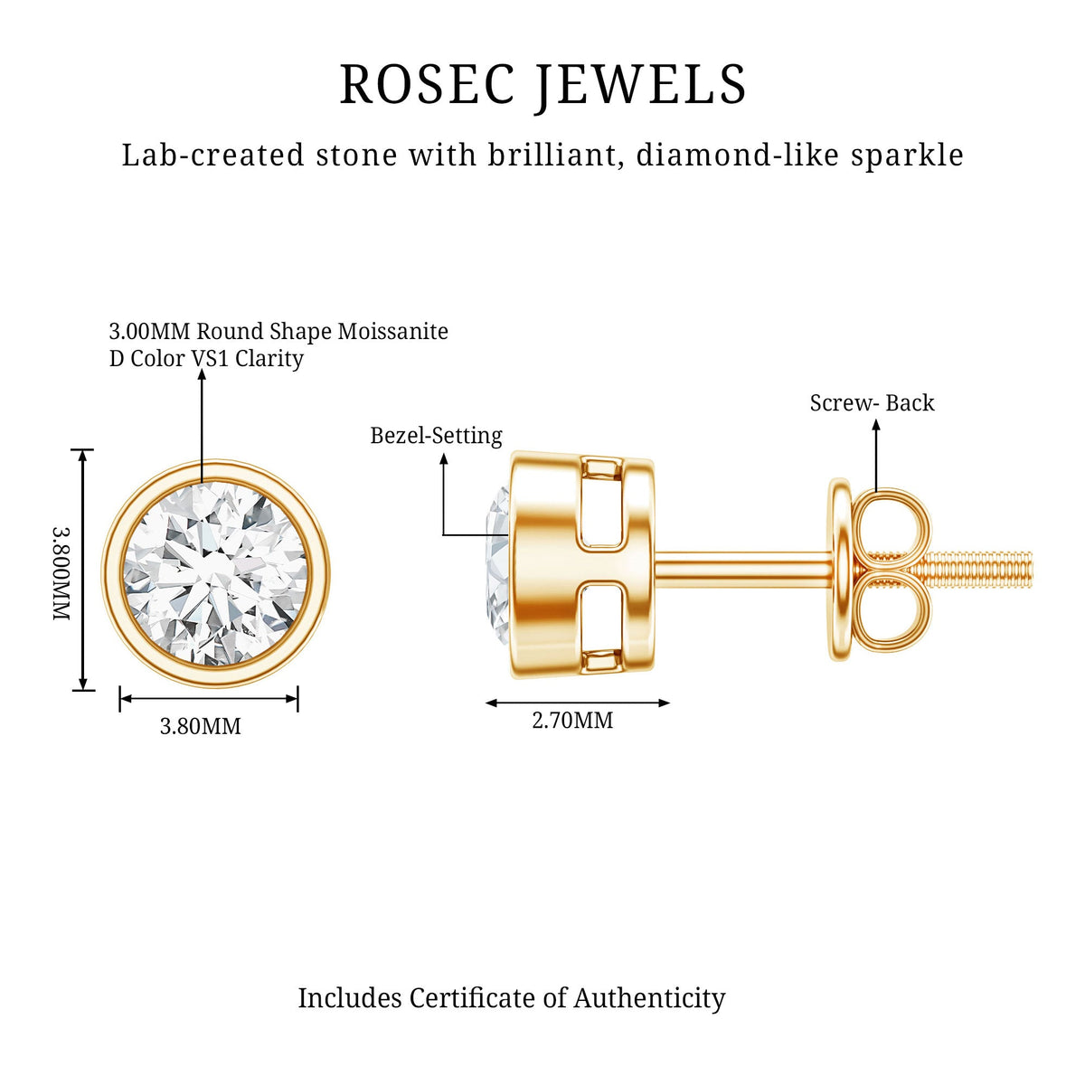 Dainty Moissanite Solitaire Stud Earrings in Bezel Setting