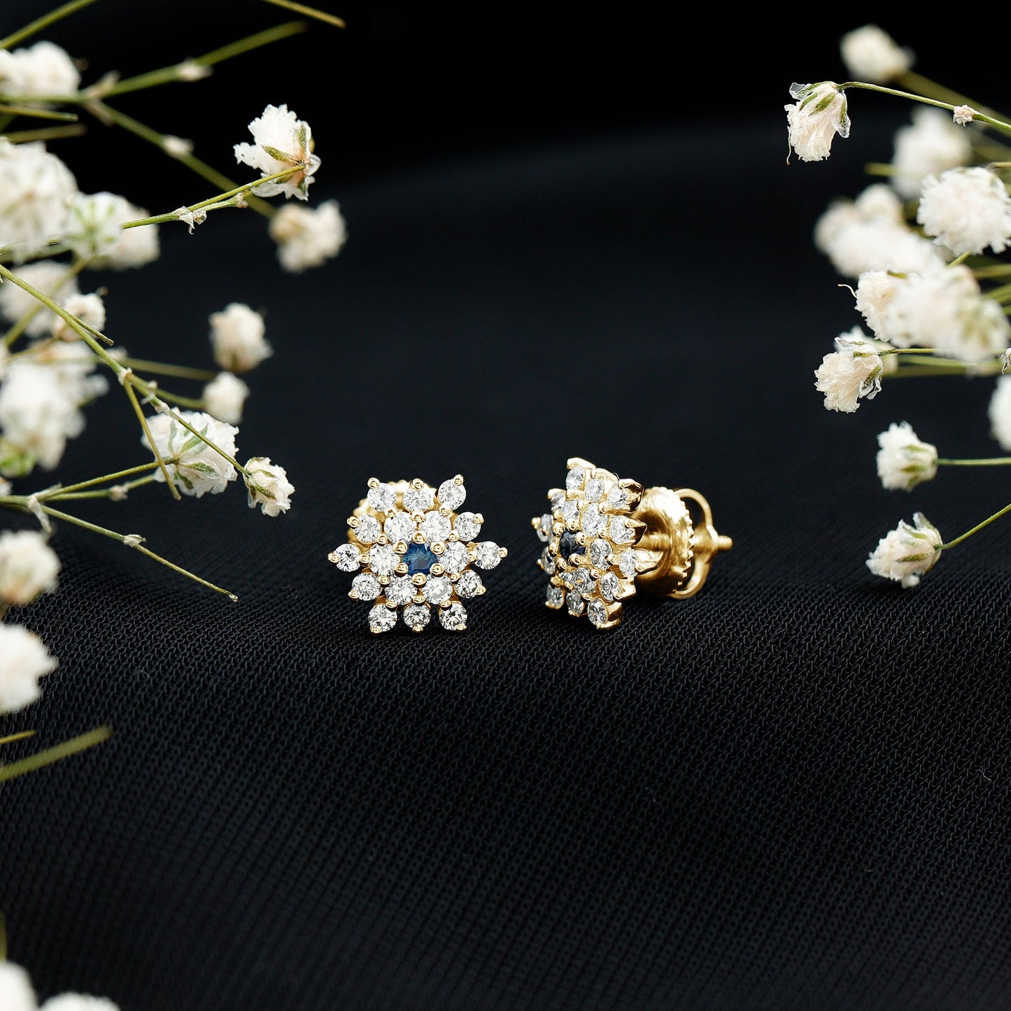 Real Blue Sapphire and Diamond Floral Cluster Stud Earrings