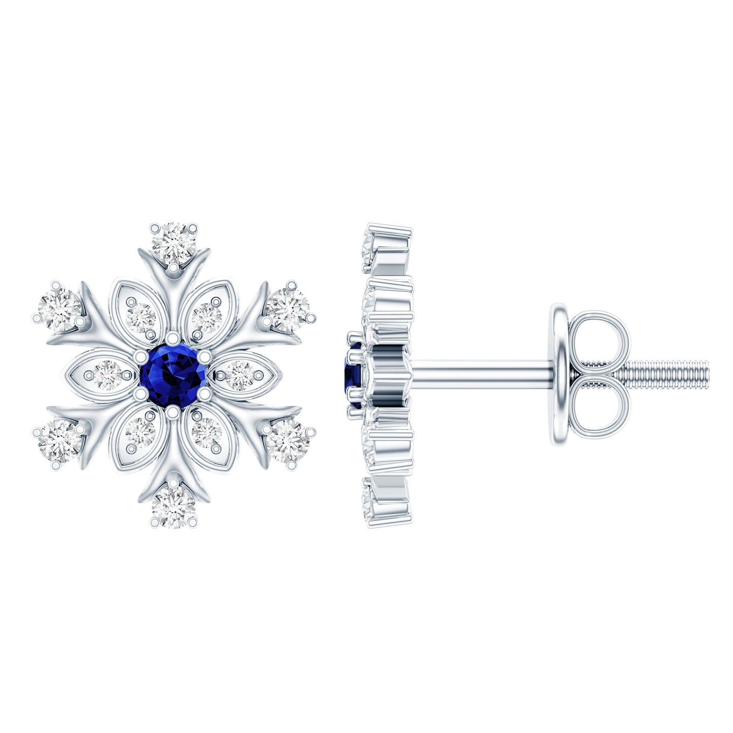 Created Blue Sapphire Snowflake Stud Earrings with Moissanite
