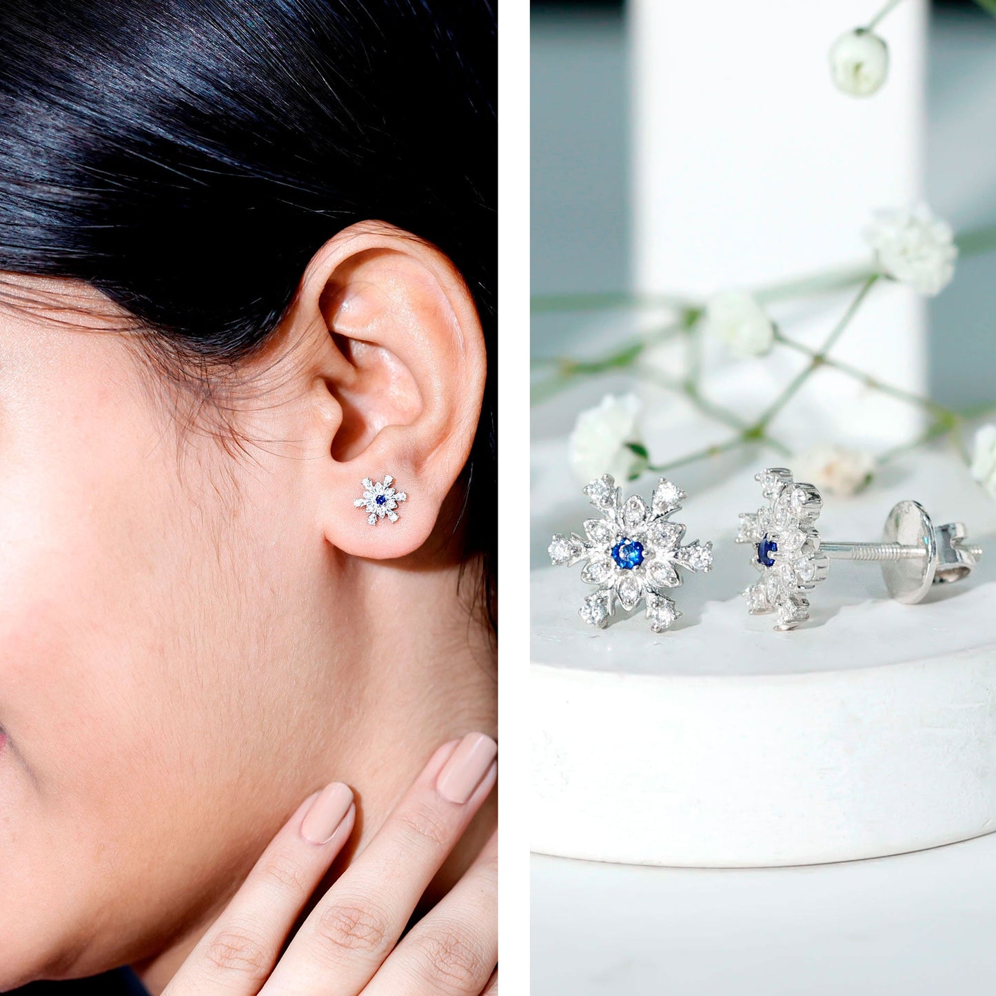 Created Blue Sapphire Snowflake Stud Earrings with Moissanite