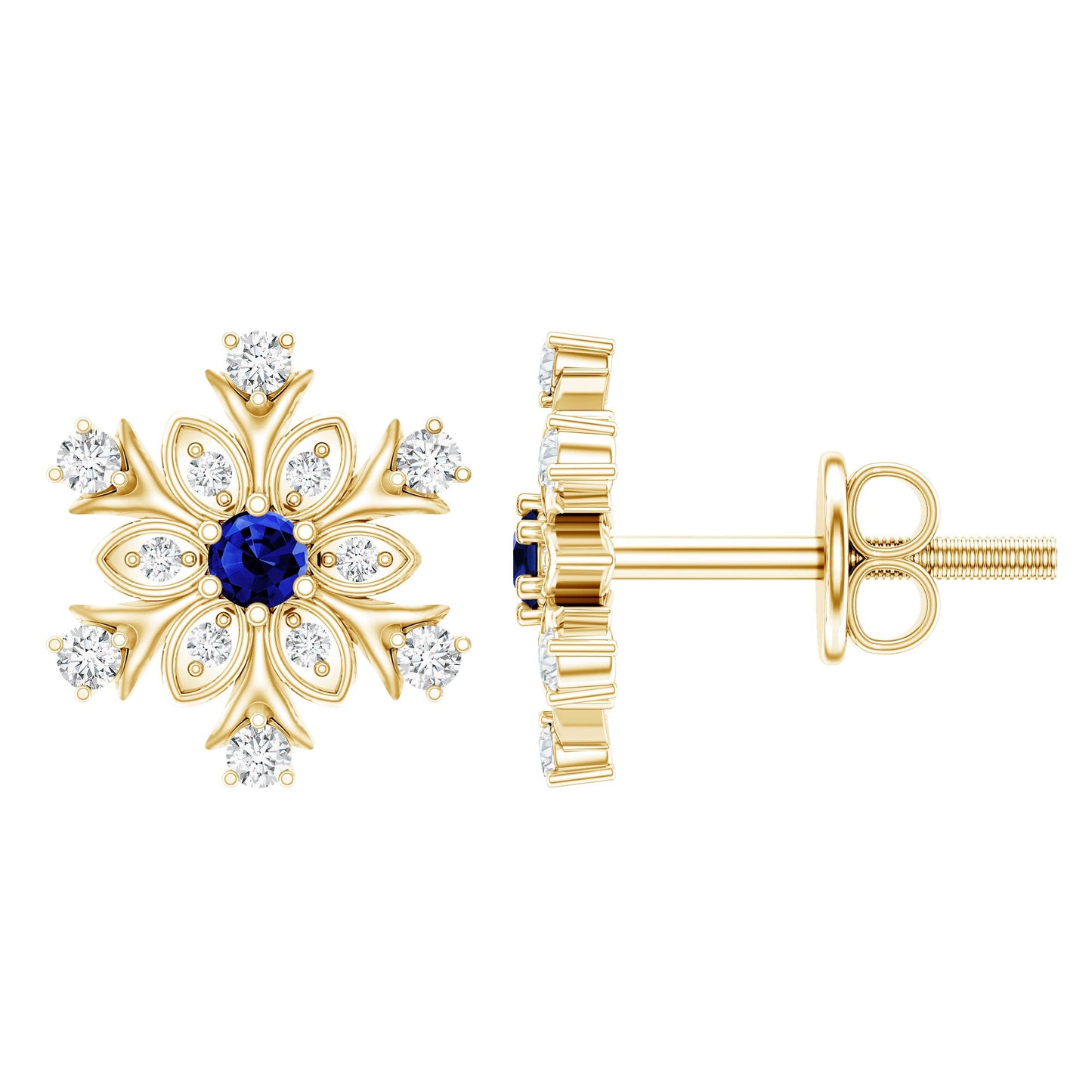 Created Blue Sapphire Snowflake Stud Earrings with Moissanite