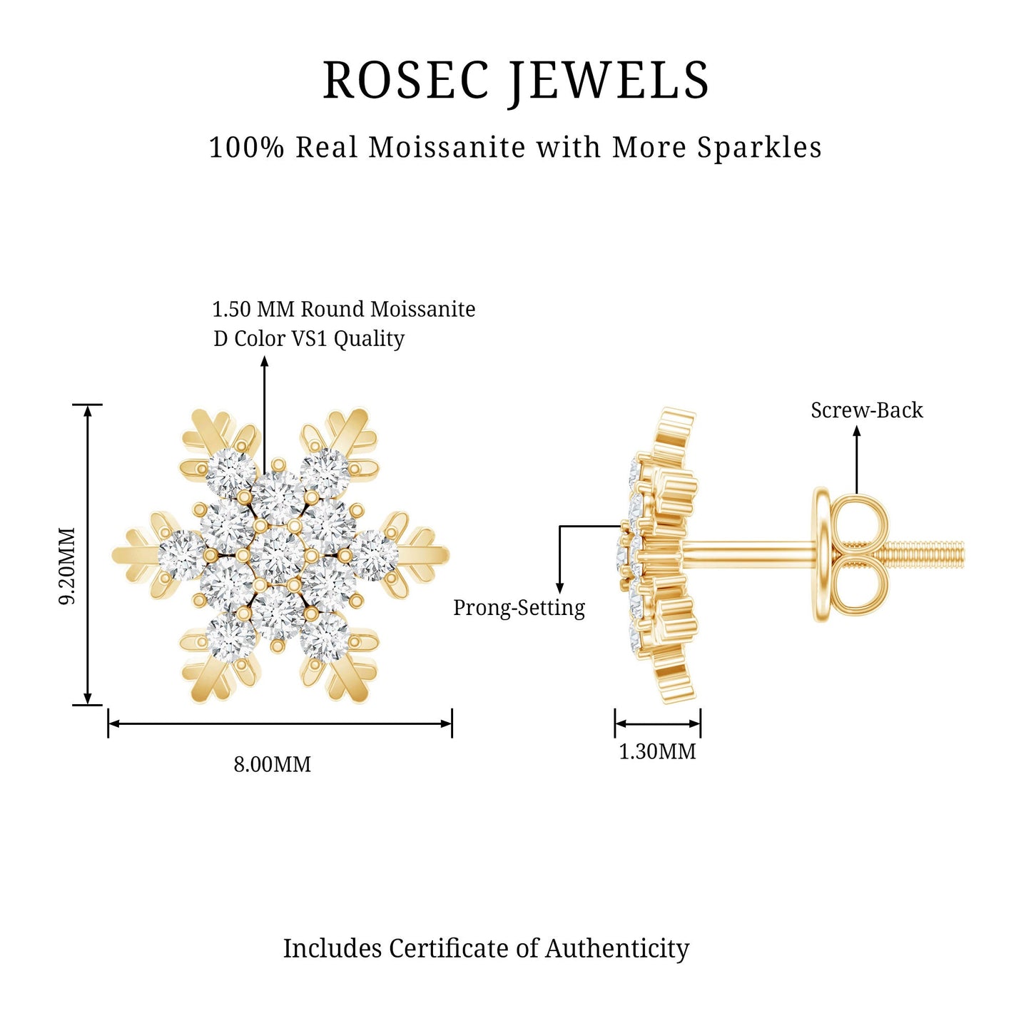 Certified Moissanite Winter Snowflake Stud Earrings