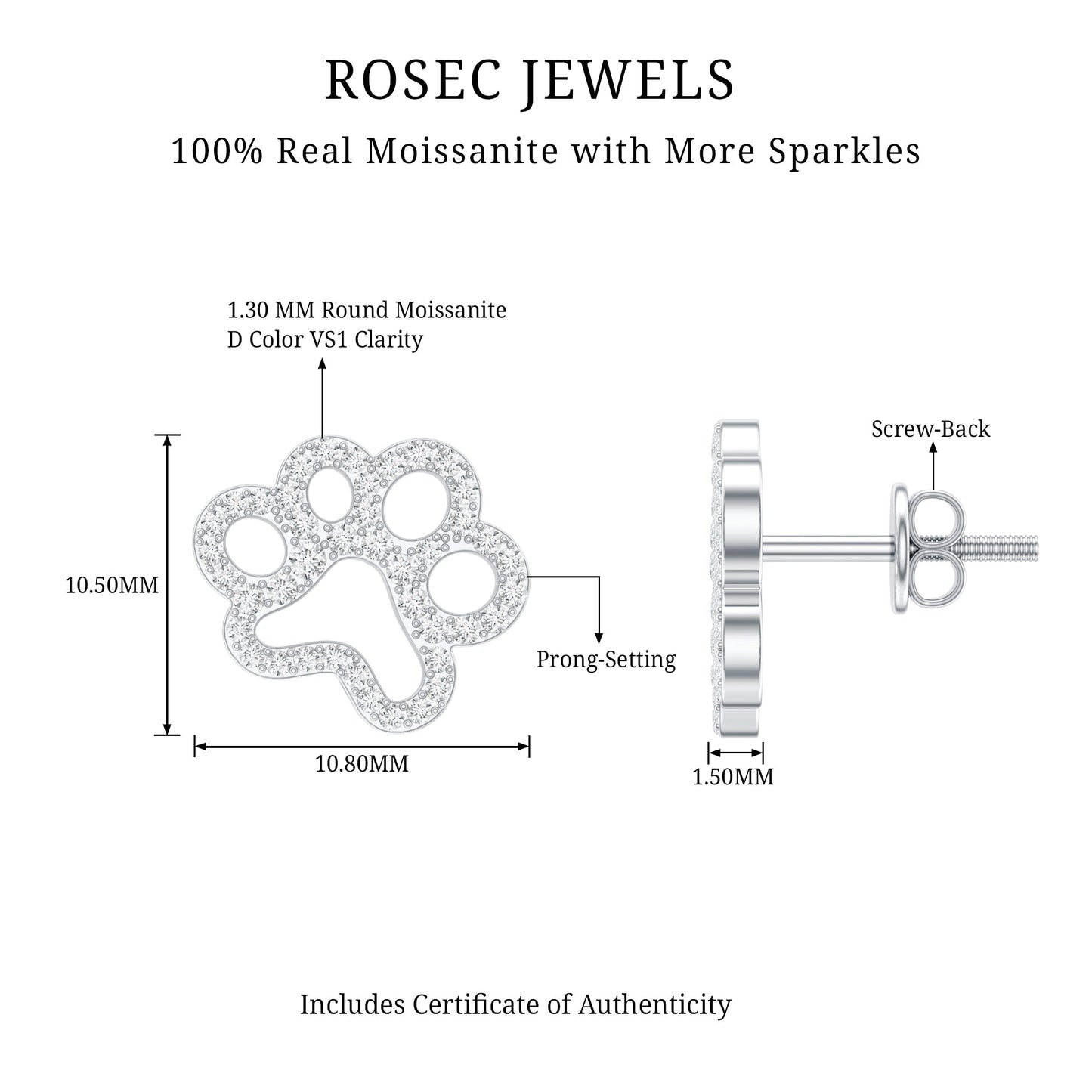 Moissanite Paw Print Earrings With Certificate