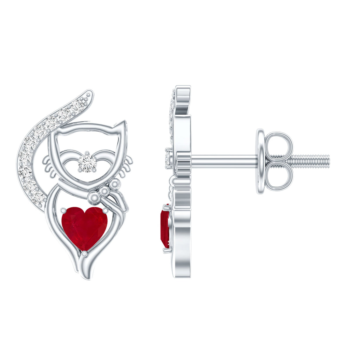 Heart Shape Ruby Cat Stud Earrings with Diamond