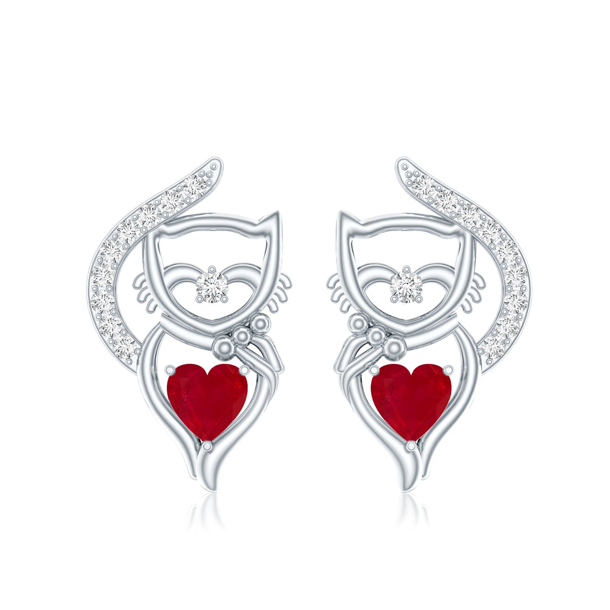 Heart Shape Ruby Cat Stud Earrings with Diamond