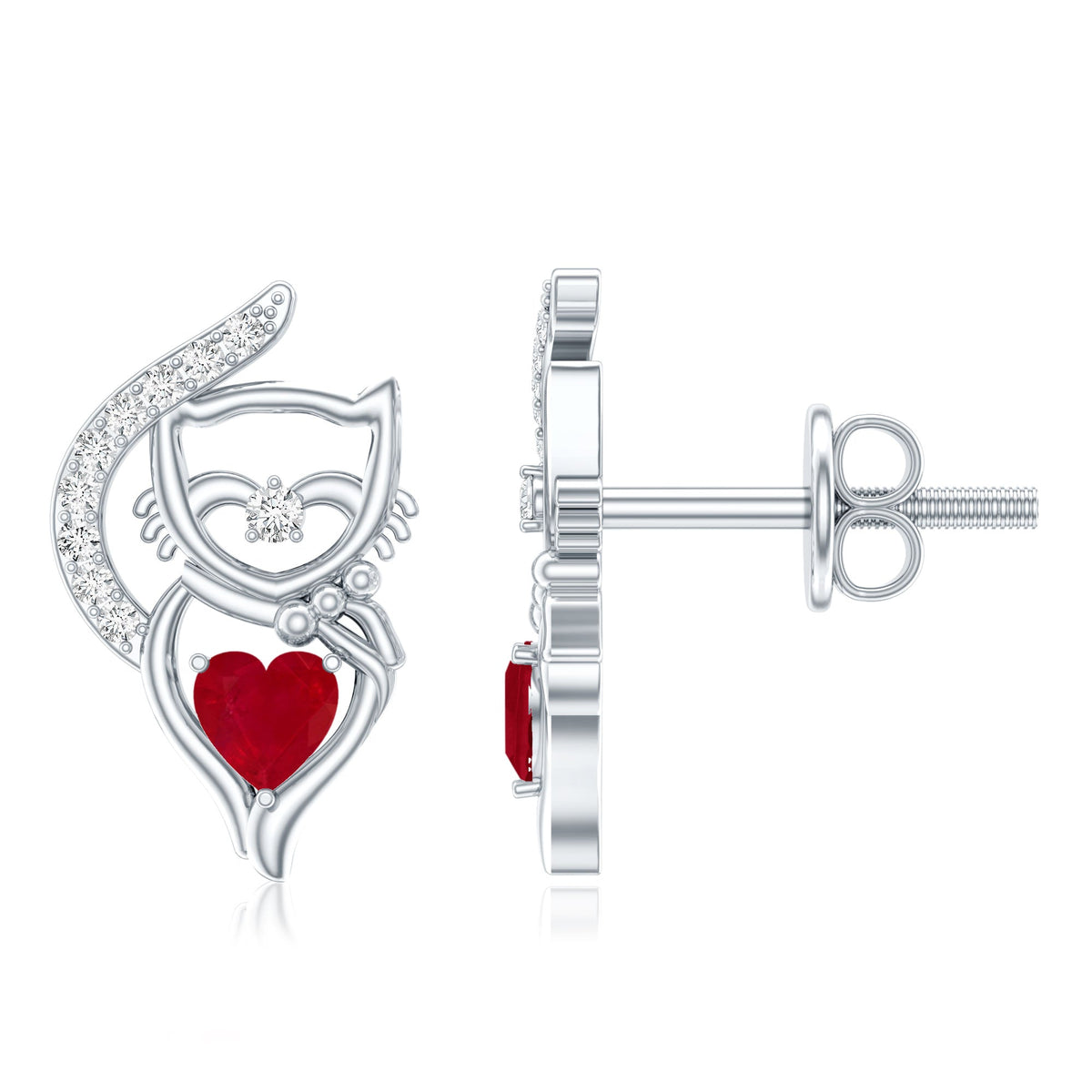 Heart Shape Ruby Cat Stud Earrings with Diamond