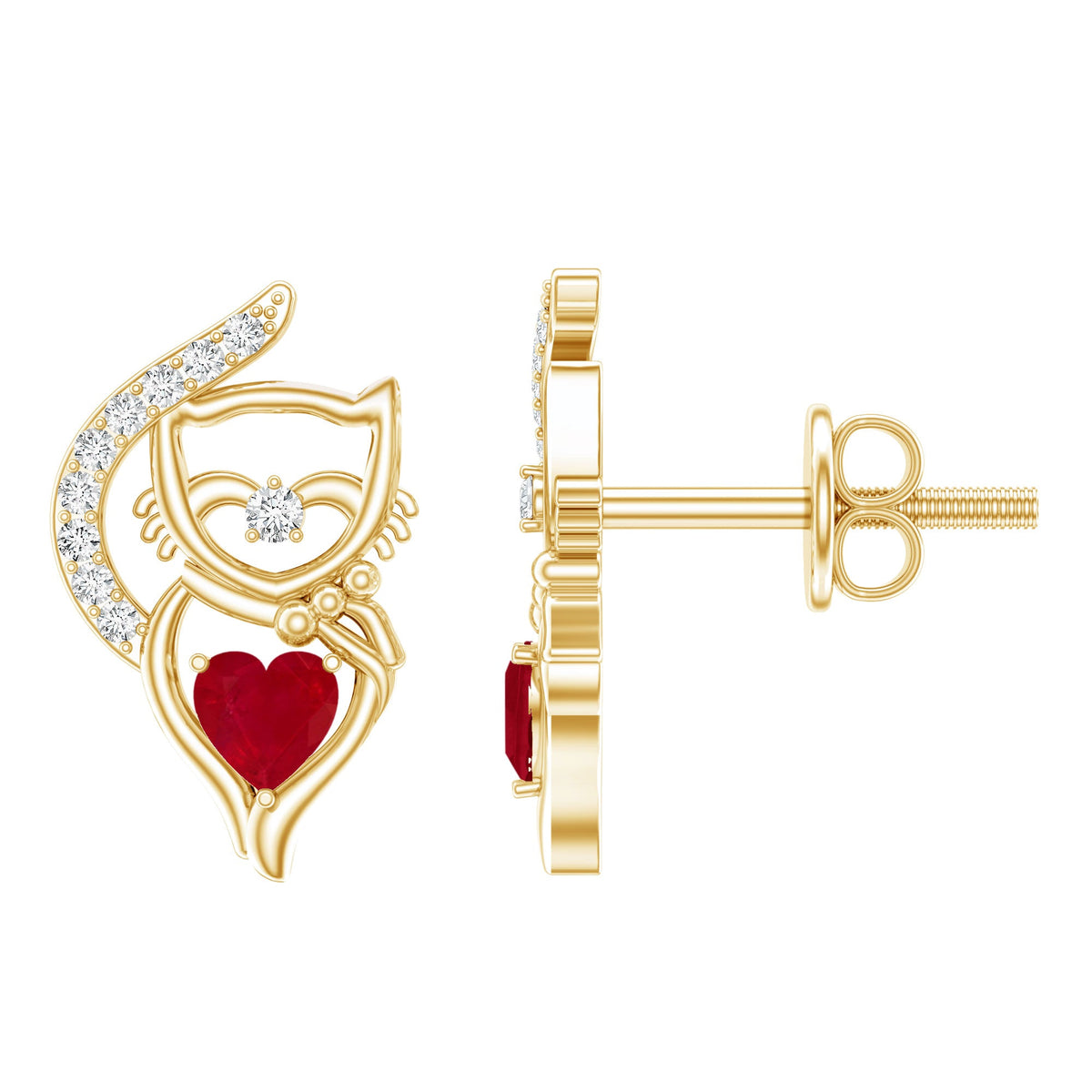 Heart Shape Ruby Cat Stud Earrings with Diamond