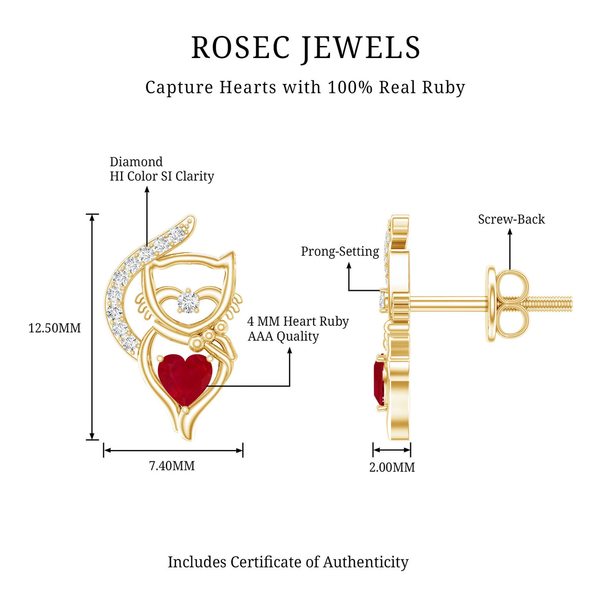 Heart Shape Ruby Cat Stud Earrings with Diamond