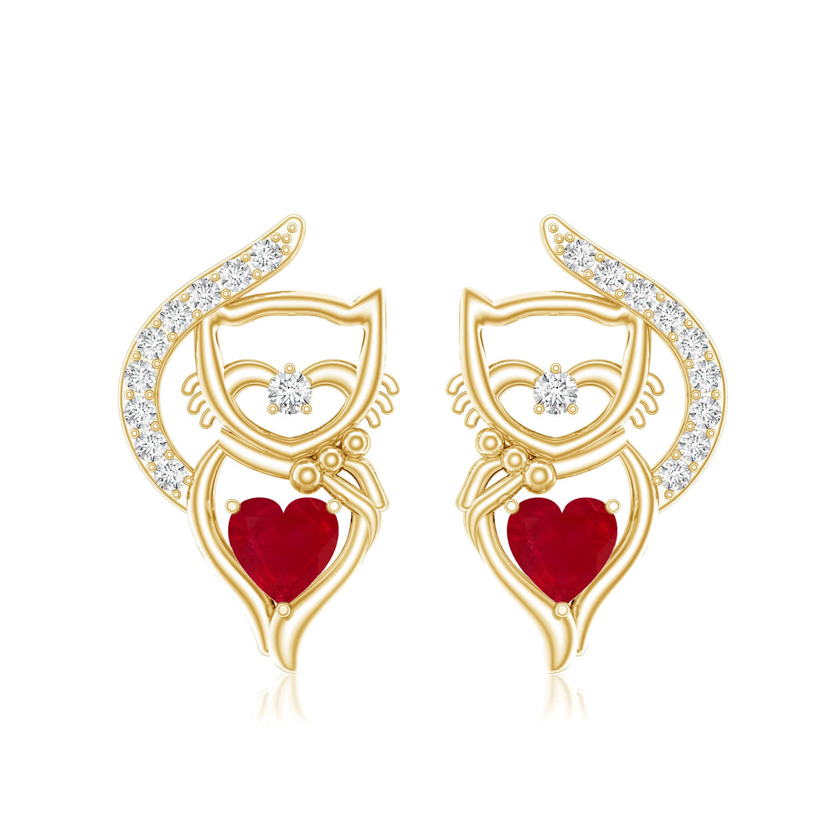 Heart Shape Ruby Cat Stud Earrings with Diamond