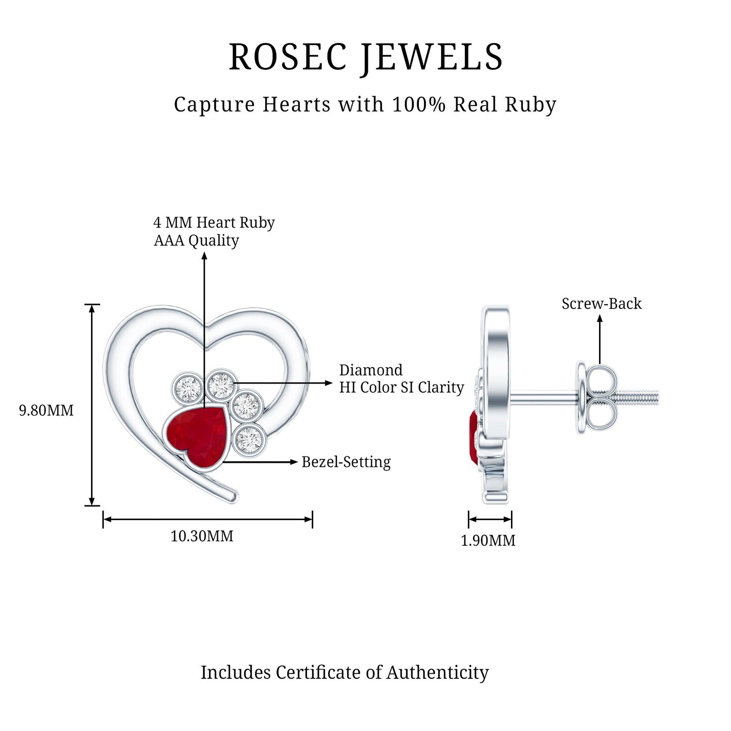 Cute Heart Paw Stud Earrings with Ruby and Diamond