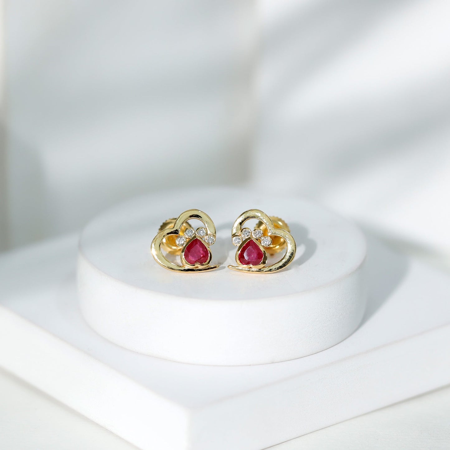 Cute Heart Paw Stud Earrings with Ruby and Diamond