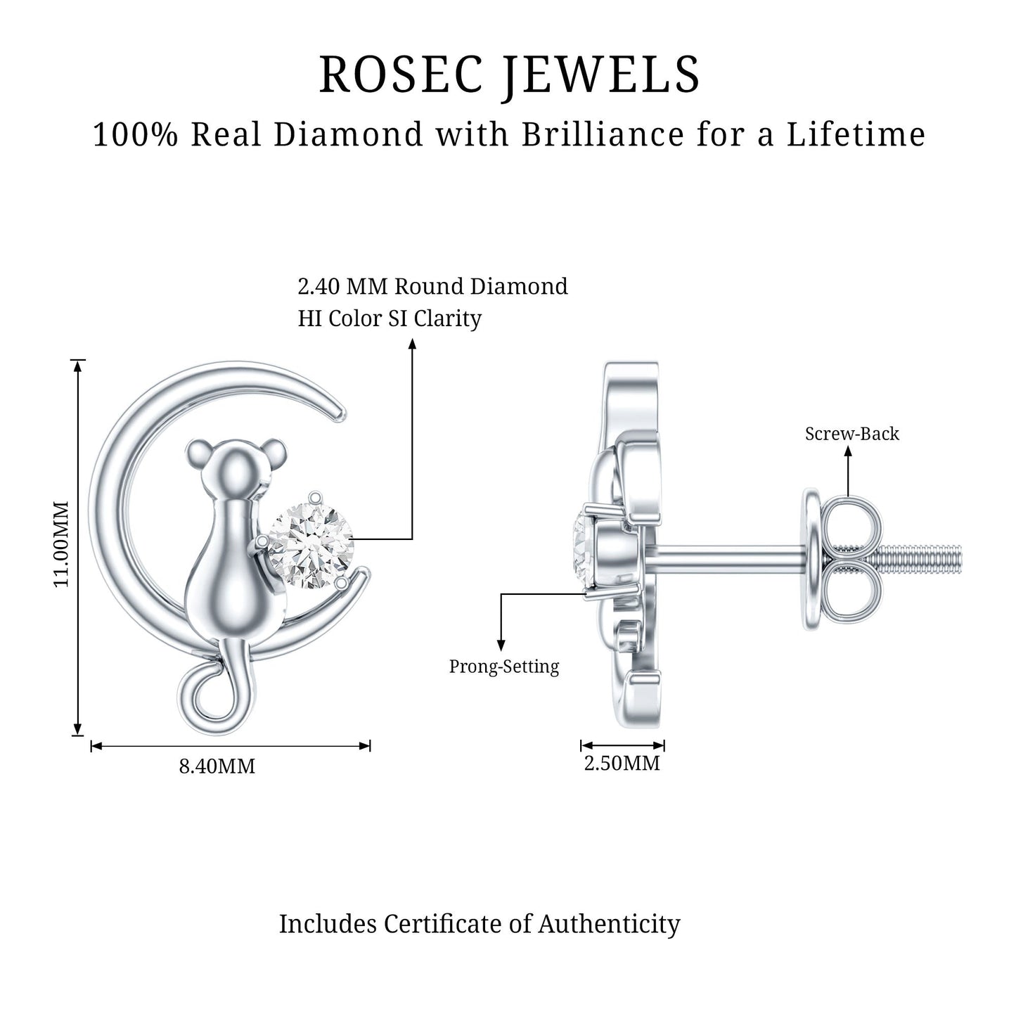 Diamond Cat Moon Stud Earrings for Women