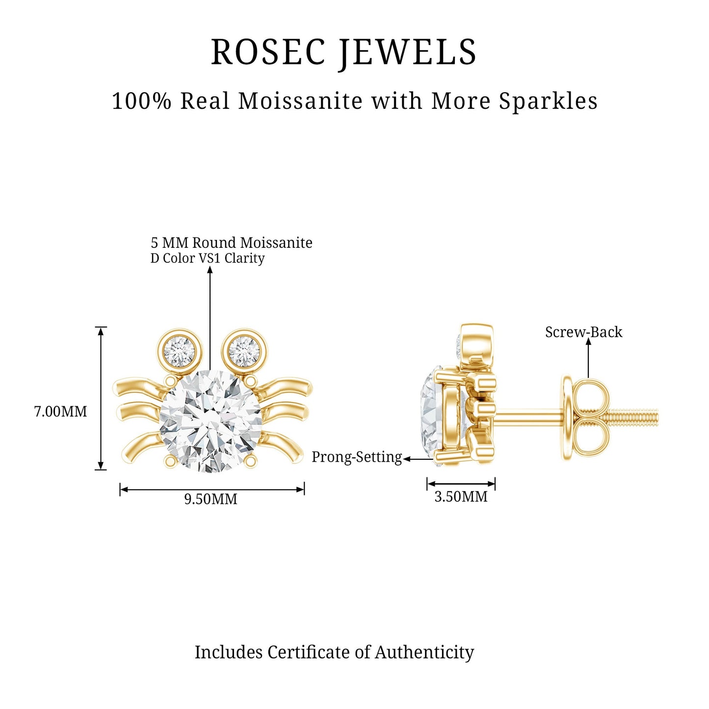 1 CT Moissanite Crab Stud Earrings with Certificate
