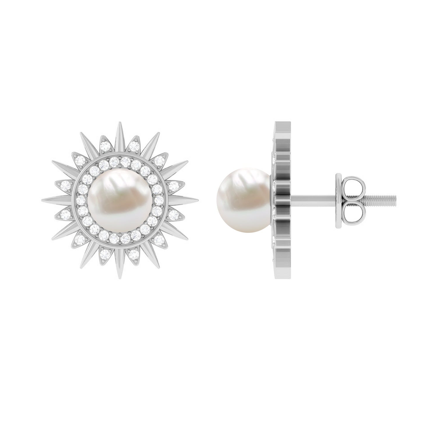 Cultured Freshwater Pearl Diamond Sunburst Earrings
