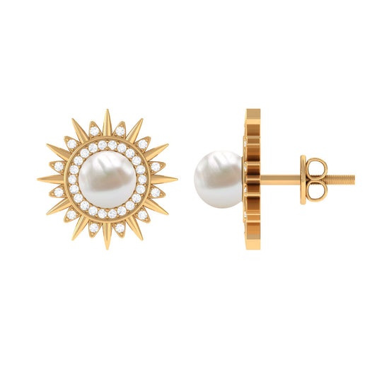 Cultured Freshwater Pearl Diamond Sunburst Earrings