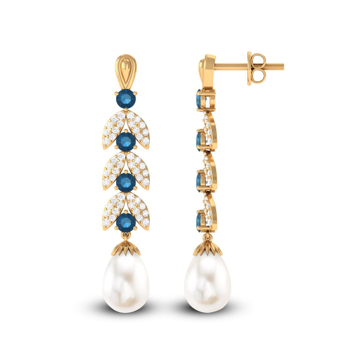 Freshwater Pearl Dangle Earrings with Blue Topaz and Diamond