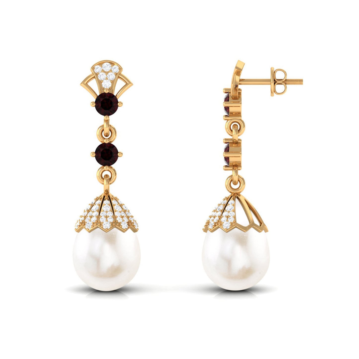 Vintage Inspired Pearl Dangle Earrings with Garnet