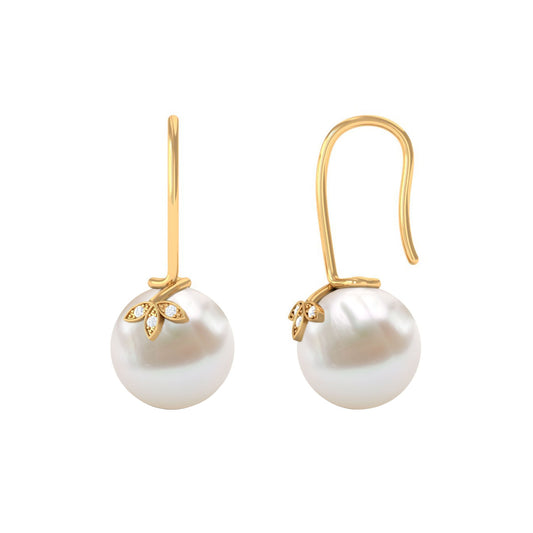 Cultured 16 Carat Freshwater Pearl Diamond Drop Earrings with Fish Hook
