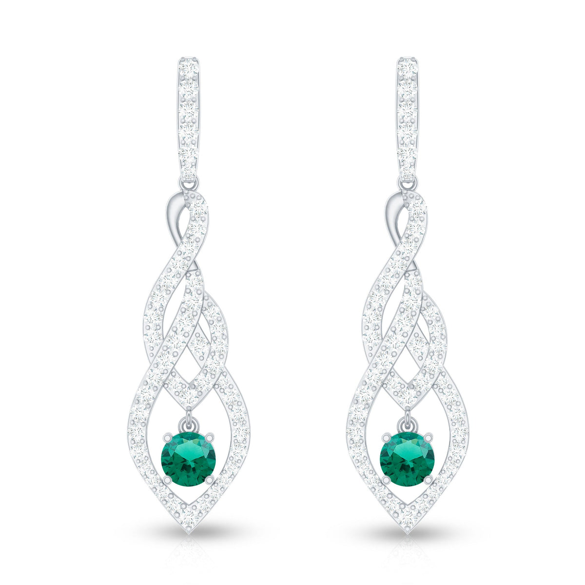 Certified Lab Grown Emerald Dangle Earrings with Diamond Accent