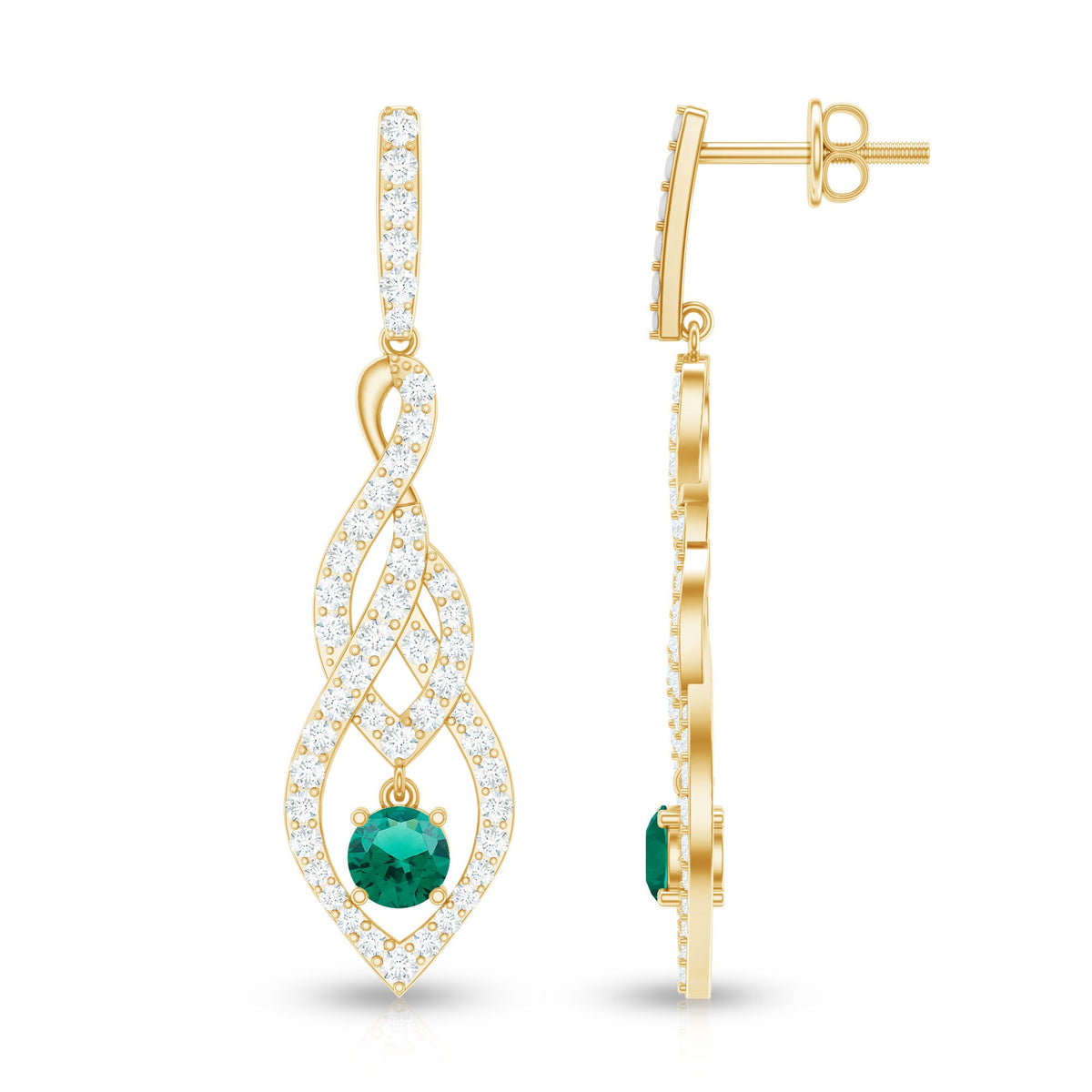 Certified Lab Grown Emerald Dangle Earrings with Diamond Accent