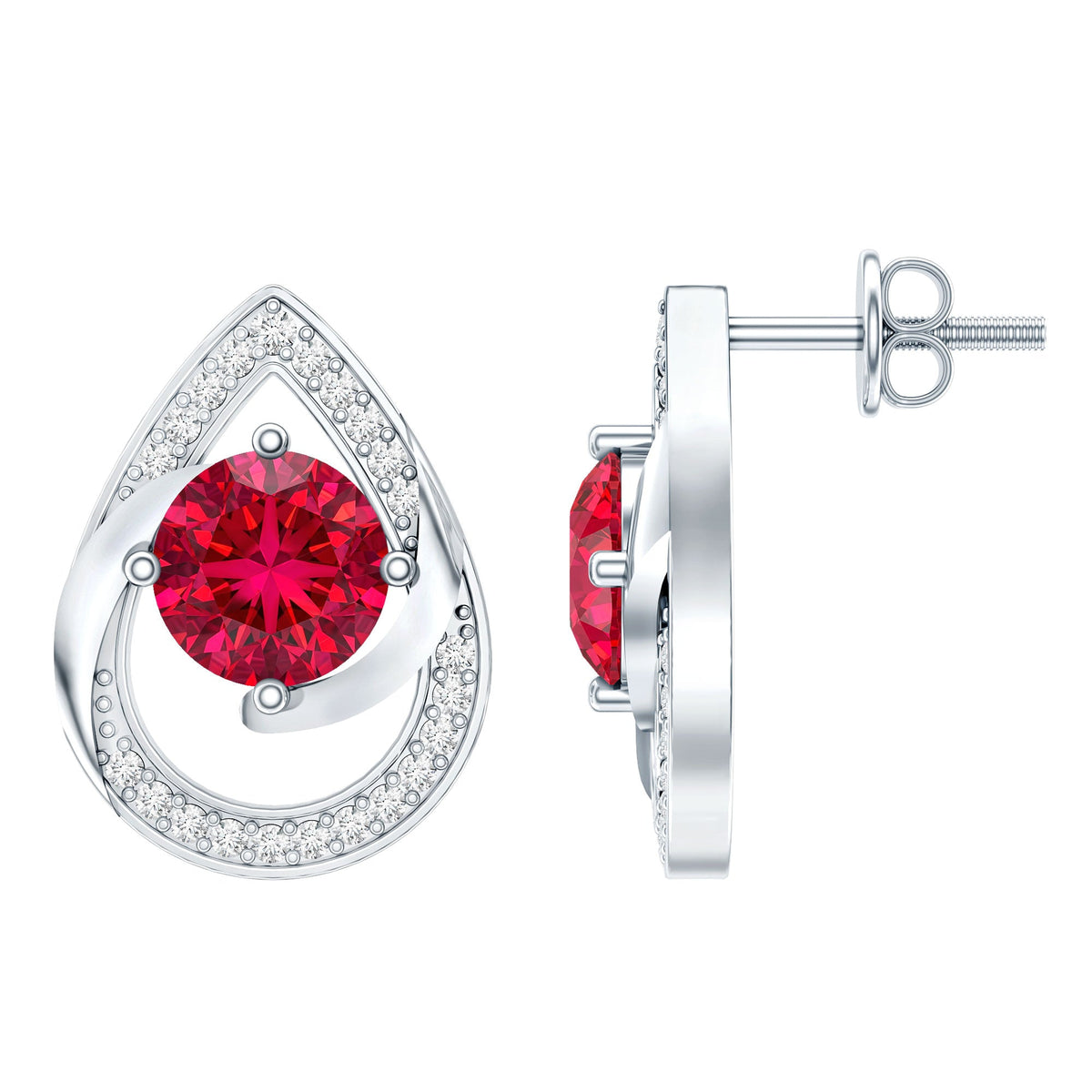 Lab Grown Ruby Teardrop Stud Earrings With Diamond