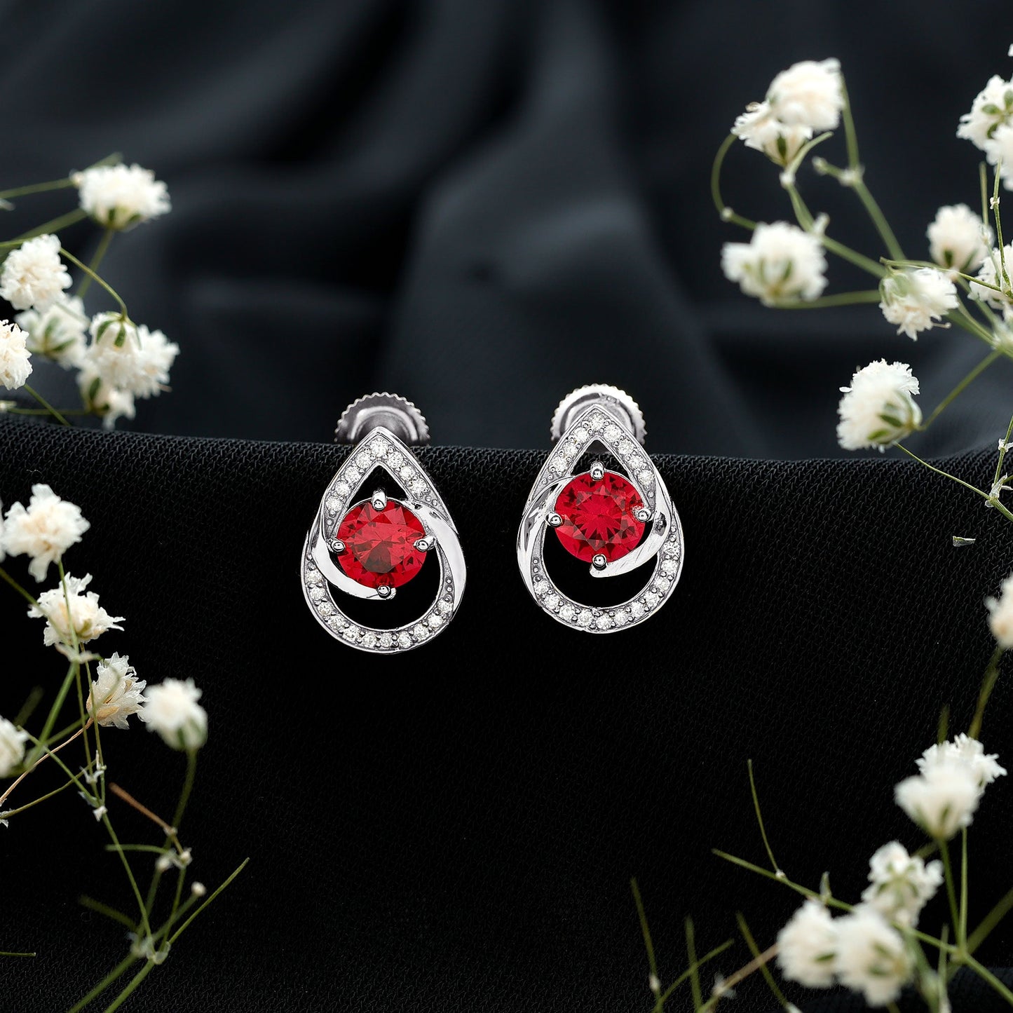 Lab Grown Ruby Teardrop Stud Earrings With Diamond