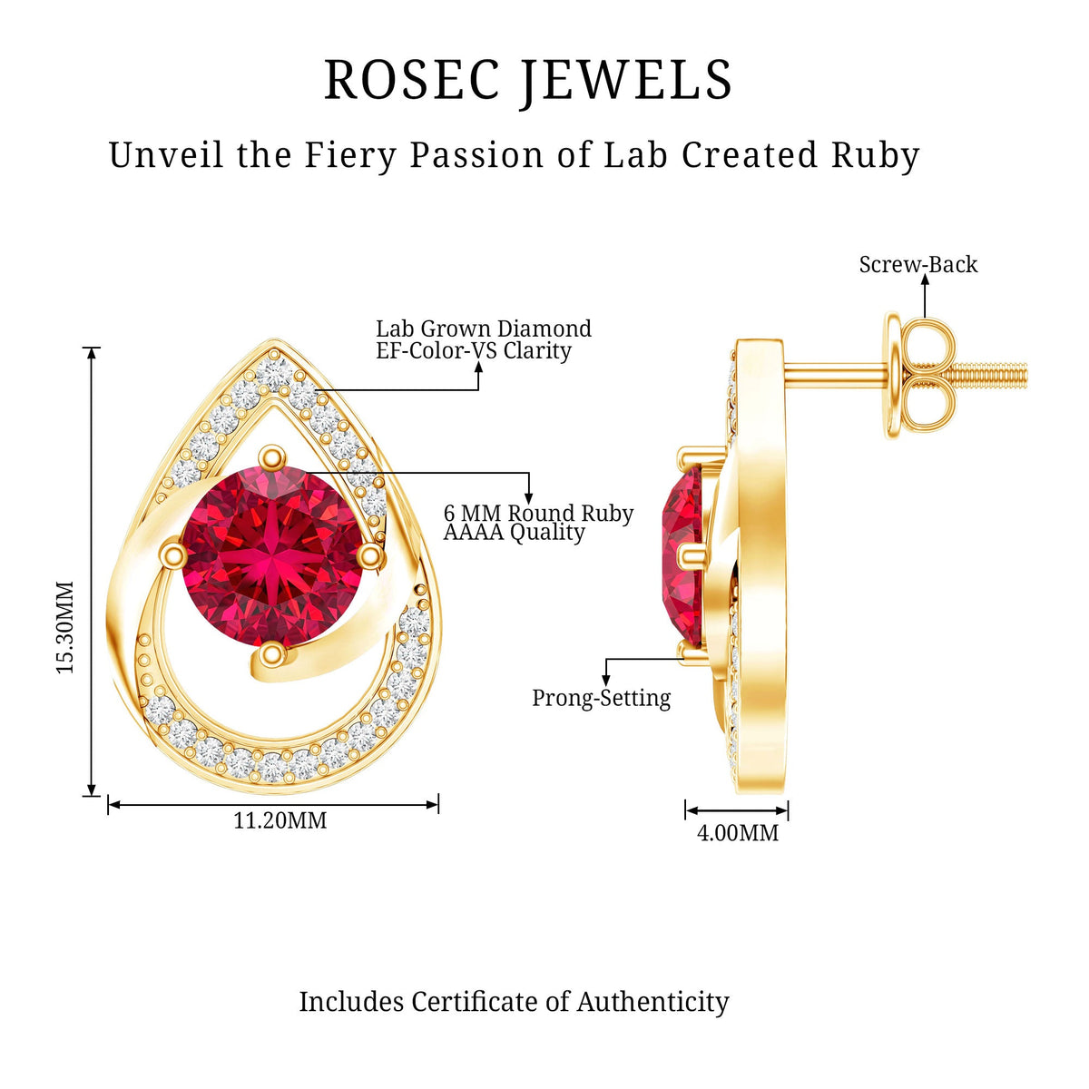 Lab Grown Ruby Teardrop Stud Earrings With Diamond
