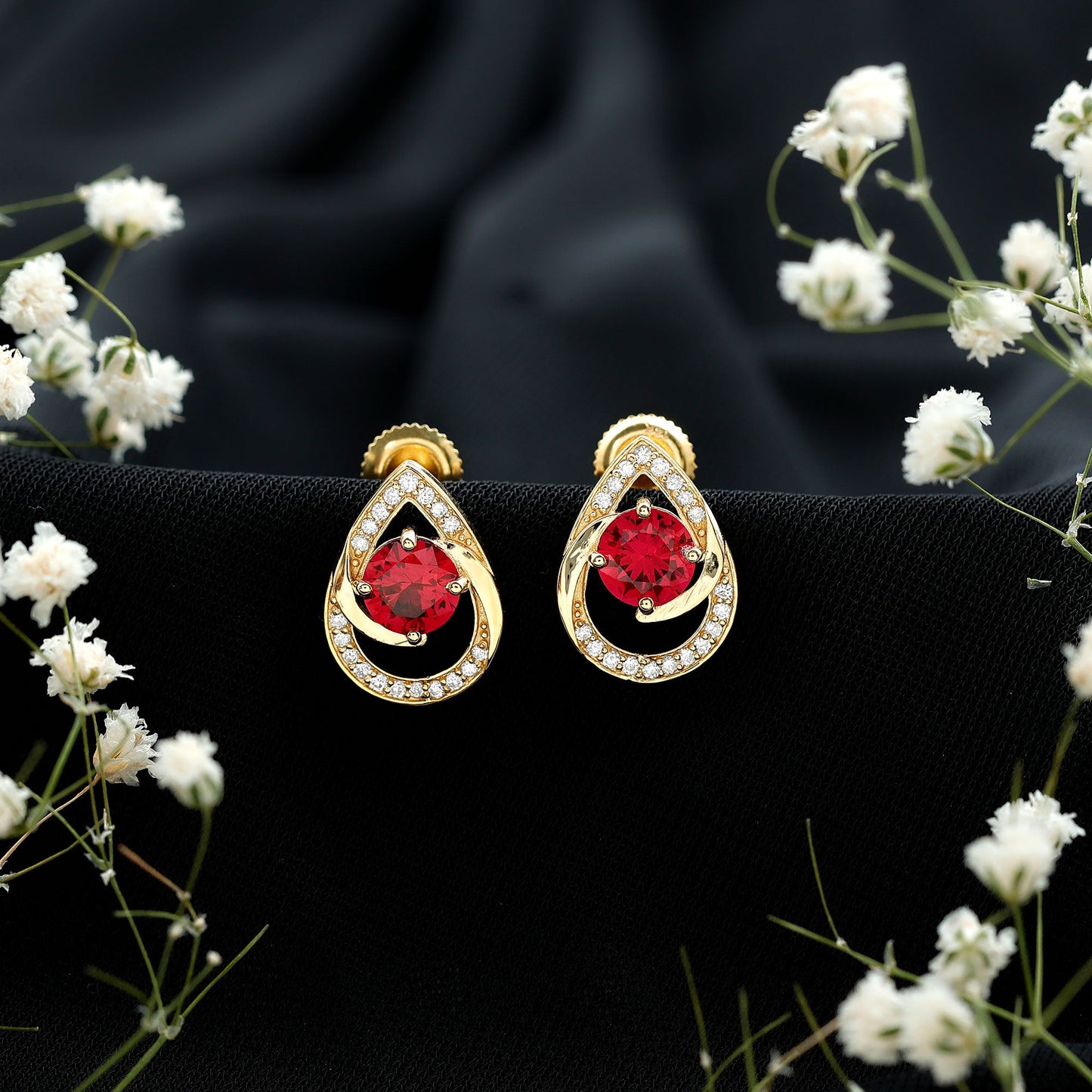 Lab Grown Ruby Teardrop Stud Earrings With Diamond