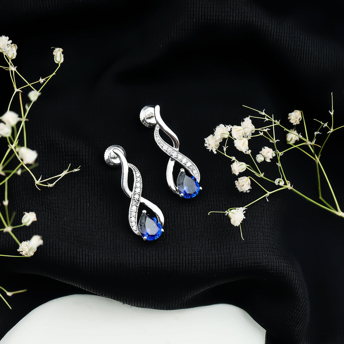 Lab Grown Blue Sapphire Infinity Drop Earrings with Diamond