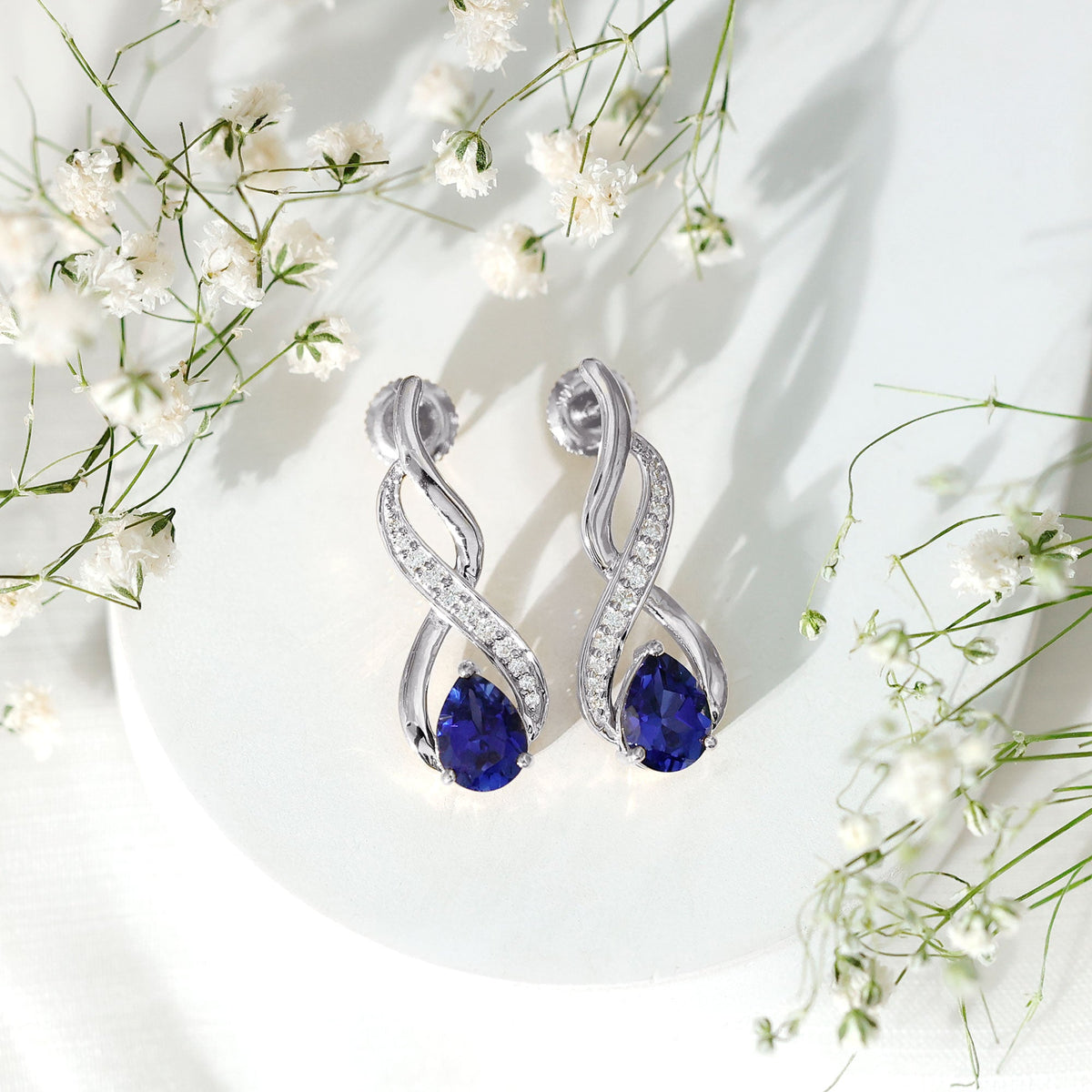 Lab Grown Blue Sapphire Infinity Drop Earrings with Diamond