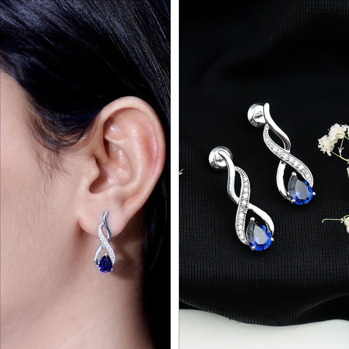 Lab Grown Blue Sapphire Infinity Drop Earrings with Diamond
