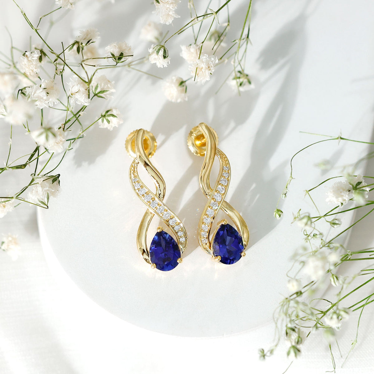 Lab Grown Blue Sapphire Infinity Drop Earrings with Diamond