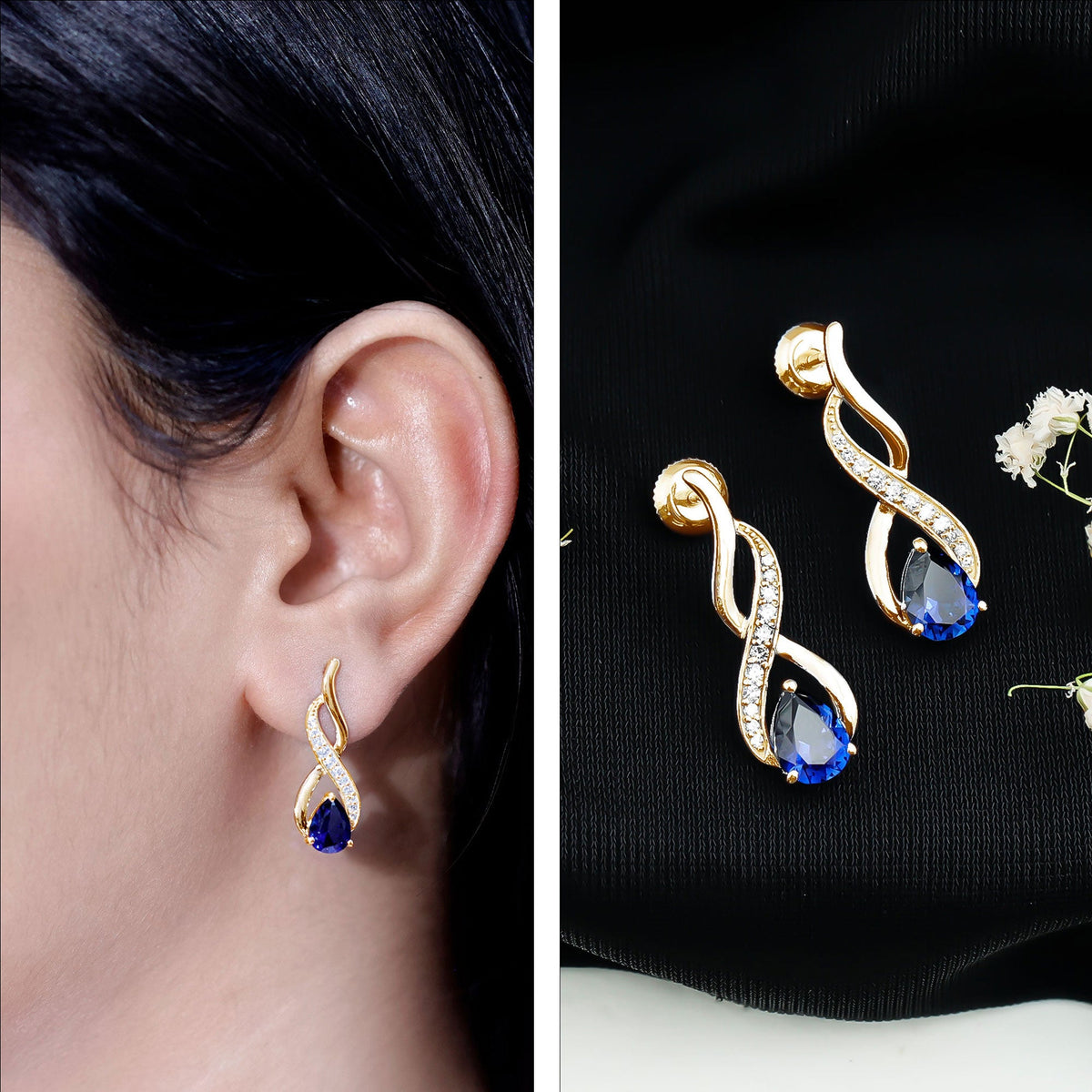 Lab Grown Blue Sapphire Infinity Drop Earrings with Diamond
