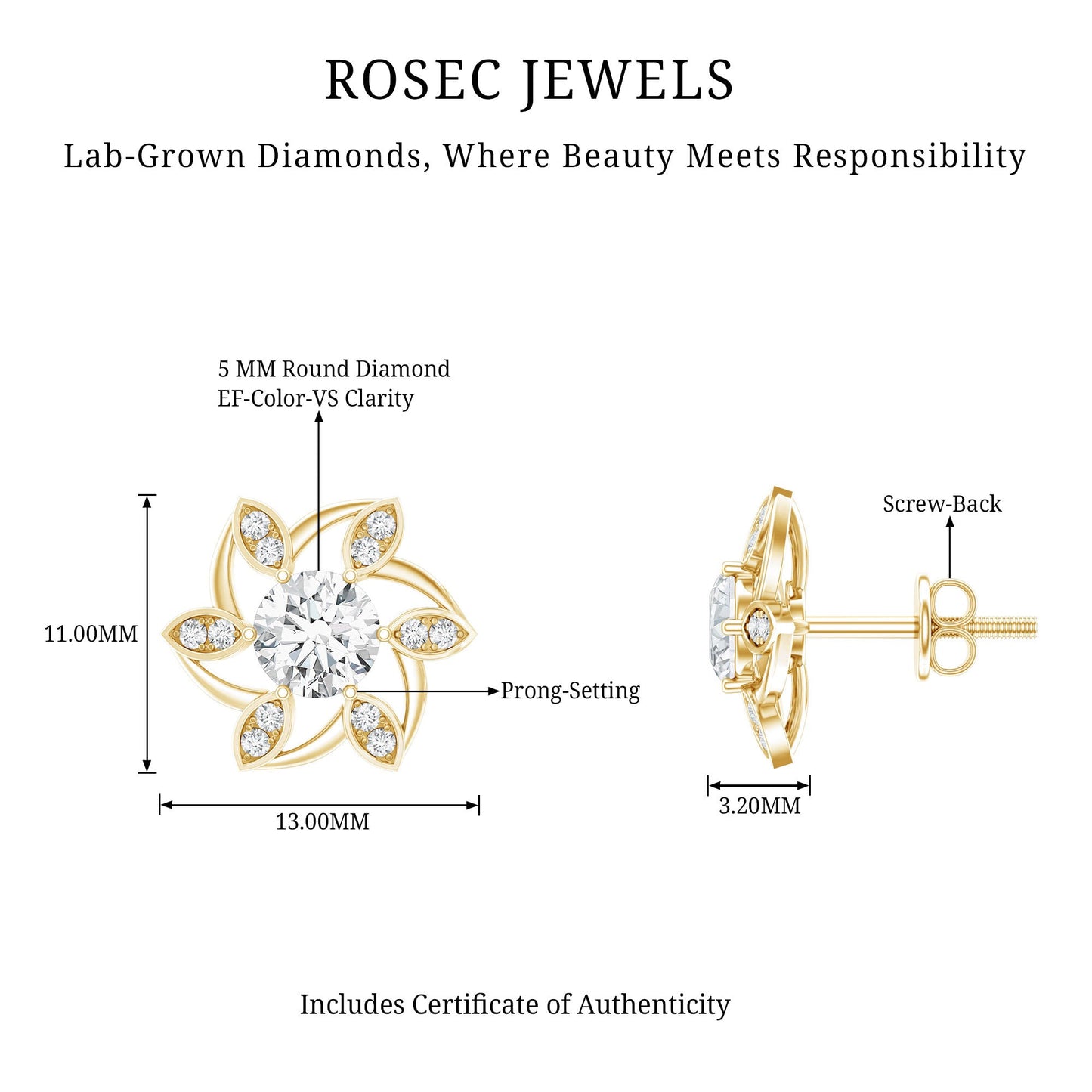 Certified Lab Grown Diamond Flower Stud Earrings With Screw Back