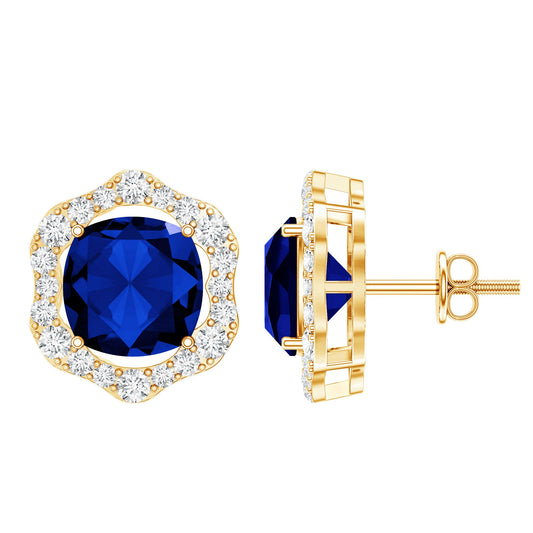 Classic Lab Grown Blue Sapphire Halo Stud Earrings with Diamond