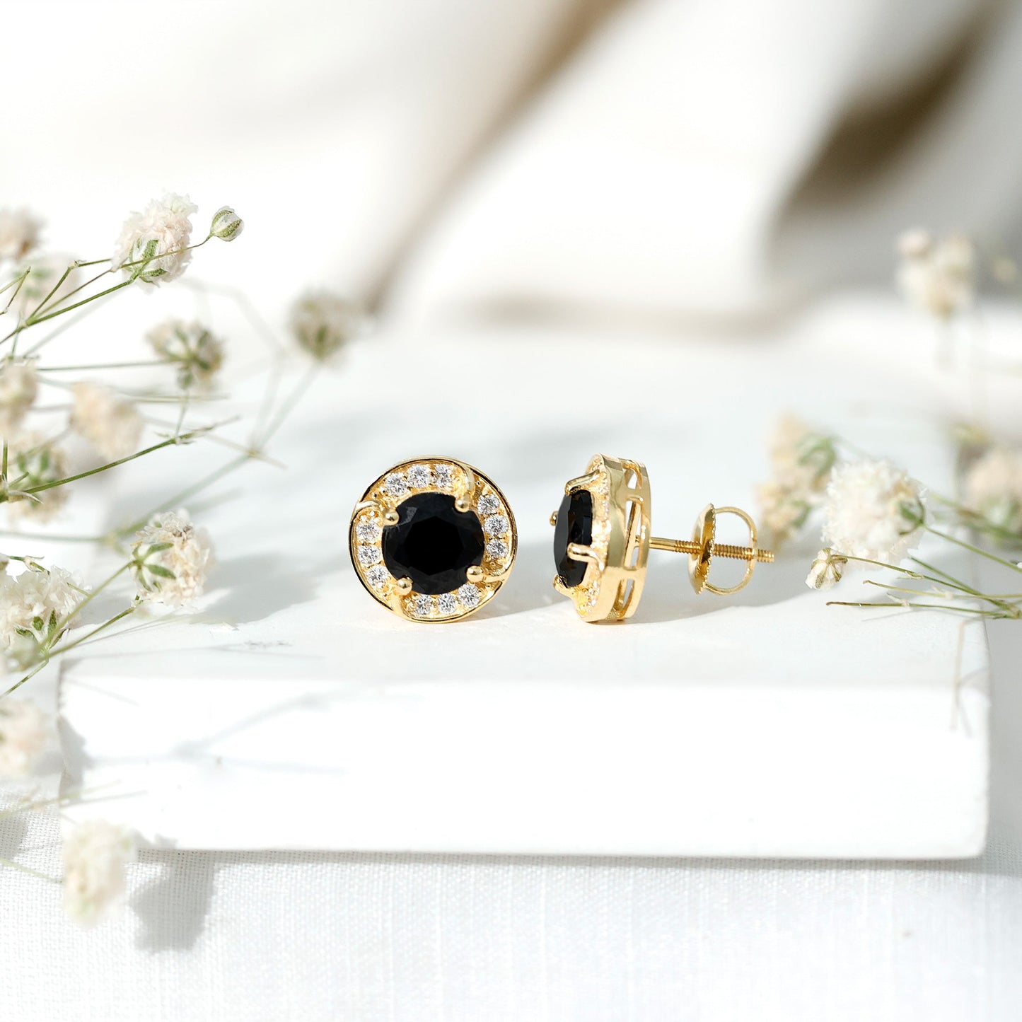 Lab Grown Black Diamond Halo Stud Earrings With Screw Back