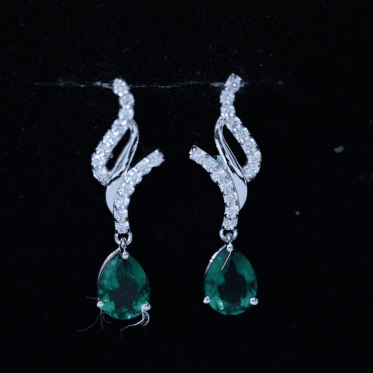 Vintage Lab Grown Emerald Teardrop Earrings with Diamond Accent