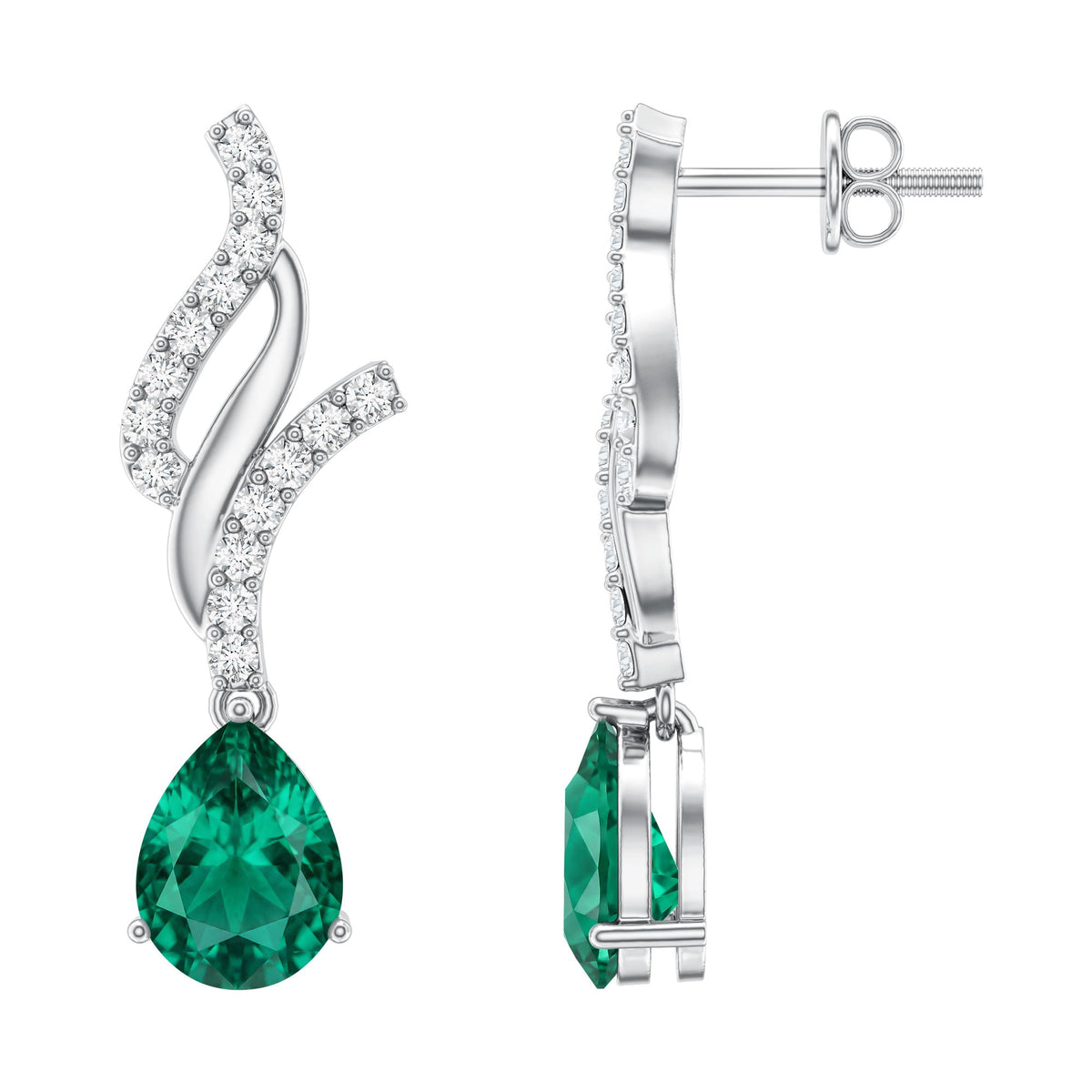 Vintage Lab Grown Emerald Teardrop Earrings with Diamond Accent