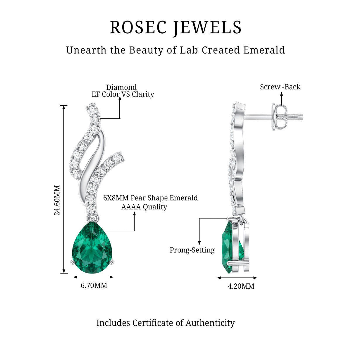 Vintage Lab Grown Emerald Teardrop Earrings with Diamond Accent