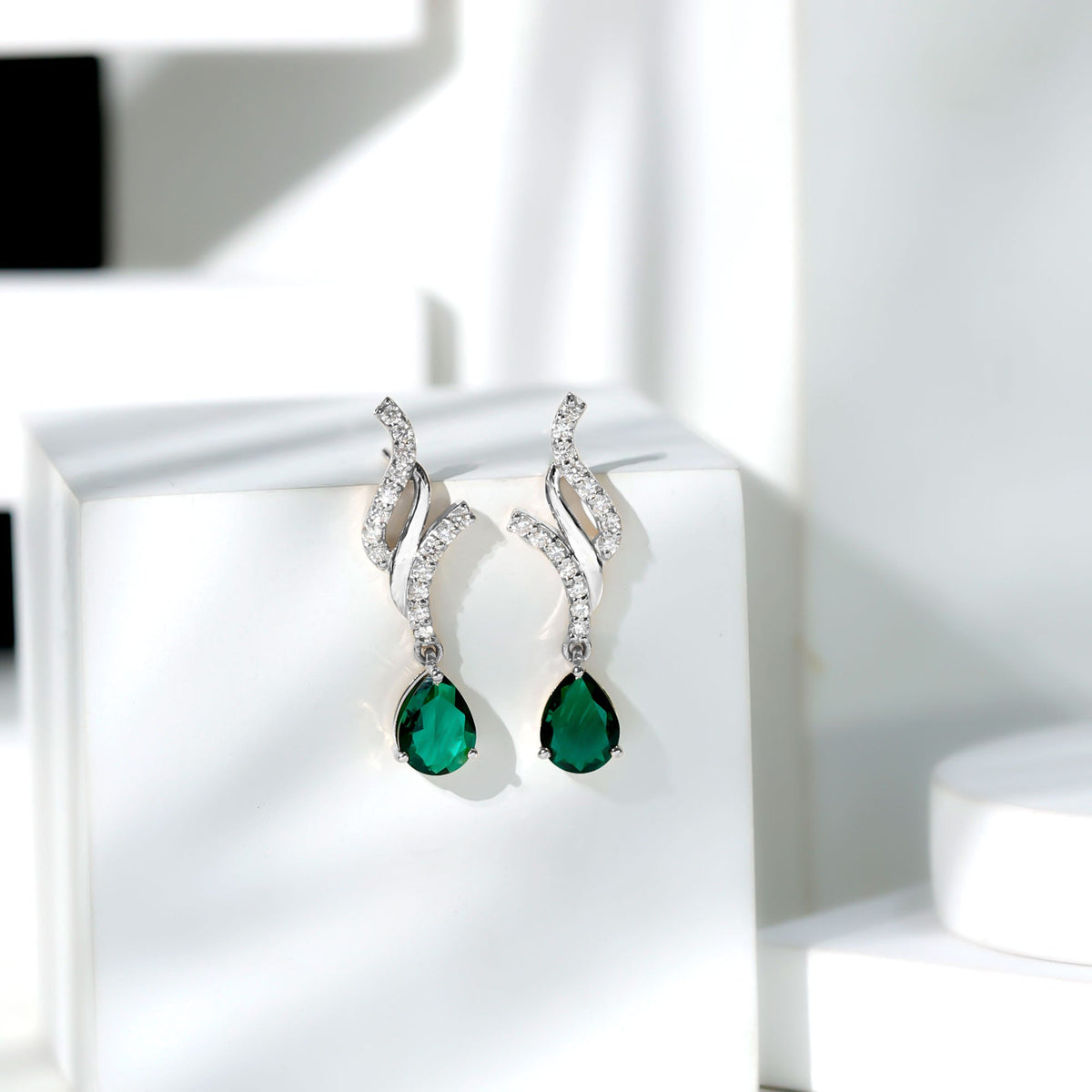 Vintage Lab Grown Emerald Teardrop Earrings with Diamond Accent